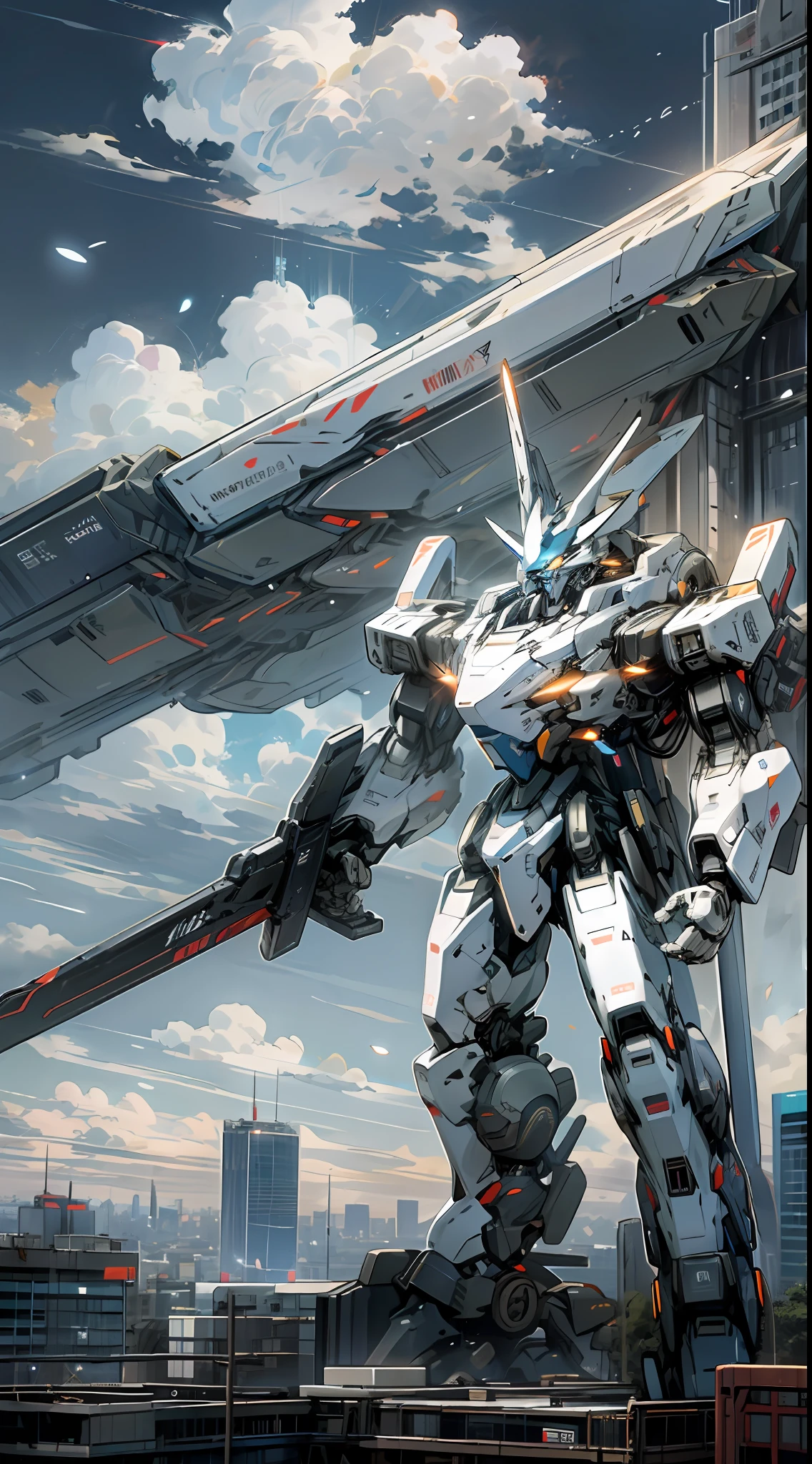 sky, cloud, holding_weapon, no_humans, glowing, , robot, building, glowing_eyes, mecha, science_fiction, city, realistic,mecha