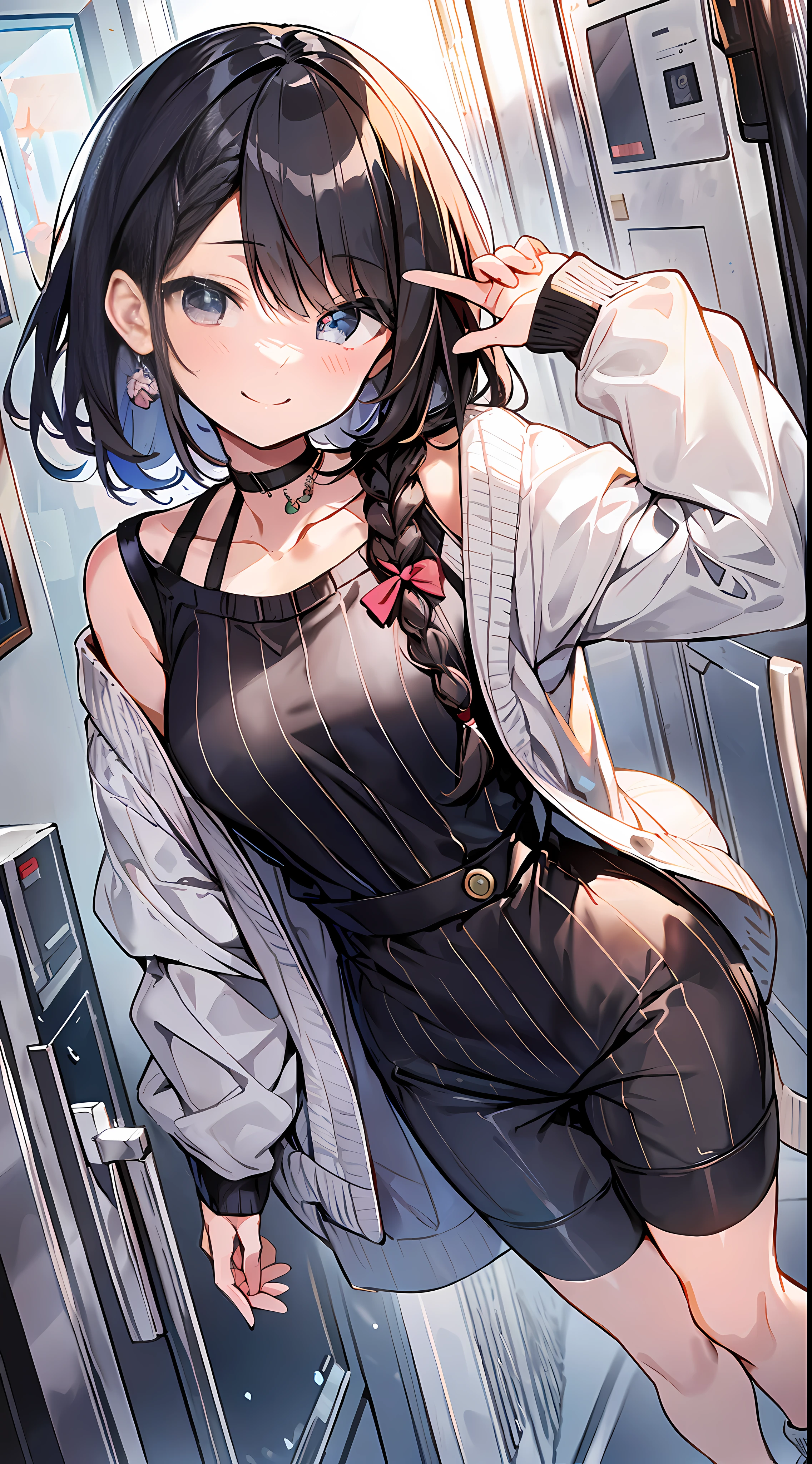 (incredibly absurdres absolutely resolution: 1.5), highest quality, masterpiece, ultra high resolution, 8k, (pale colored cardigan, sneakers, pants) BREAK shoujo manga style, (loli), soft line art, digital enhancement, shoujo manga touch, shojo manga core, (hair length to shoulder)))), ((( Short braid))) BREAK Soft drawing, beautiful black hair, clear eyes, (((smile, wink)), ultra-detailed digital anime art, clear face depiction, ultra-detailed shojo manga character art, clear facial features, manga style, top quality colors, angle that you can see to your feet, entangle, beautiful and aesthetic: 1.5, High quality:1.3