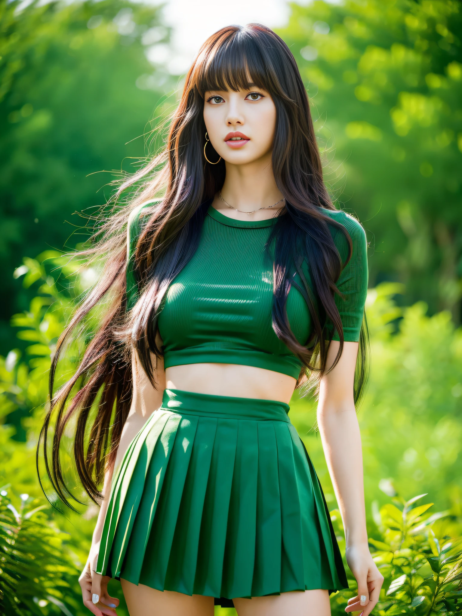 Lisa long hair, Lisa face shape, wearing green T-shirt, open waist, pleated skirt, long legs, masterpiece, superlative, realistic, HD, photography lighting, 16k