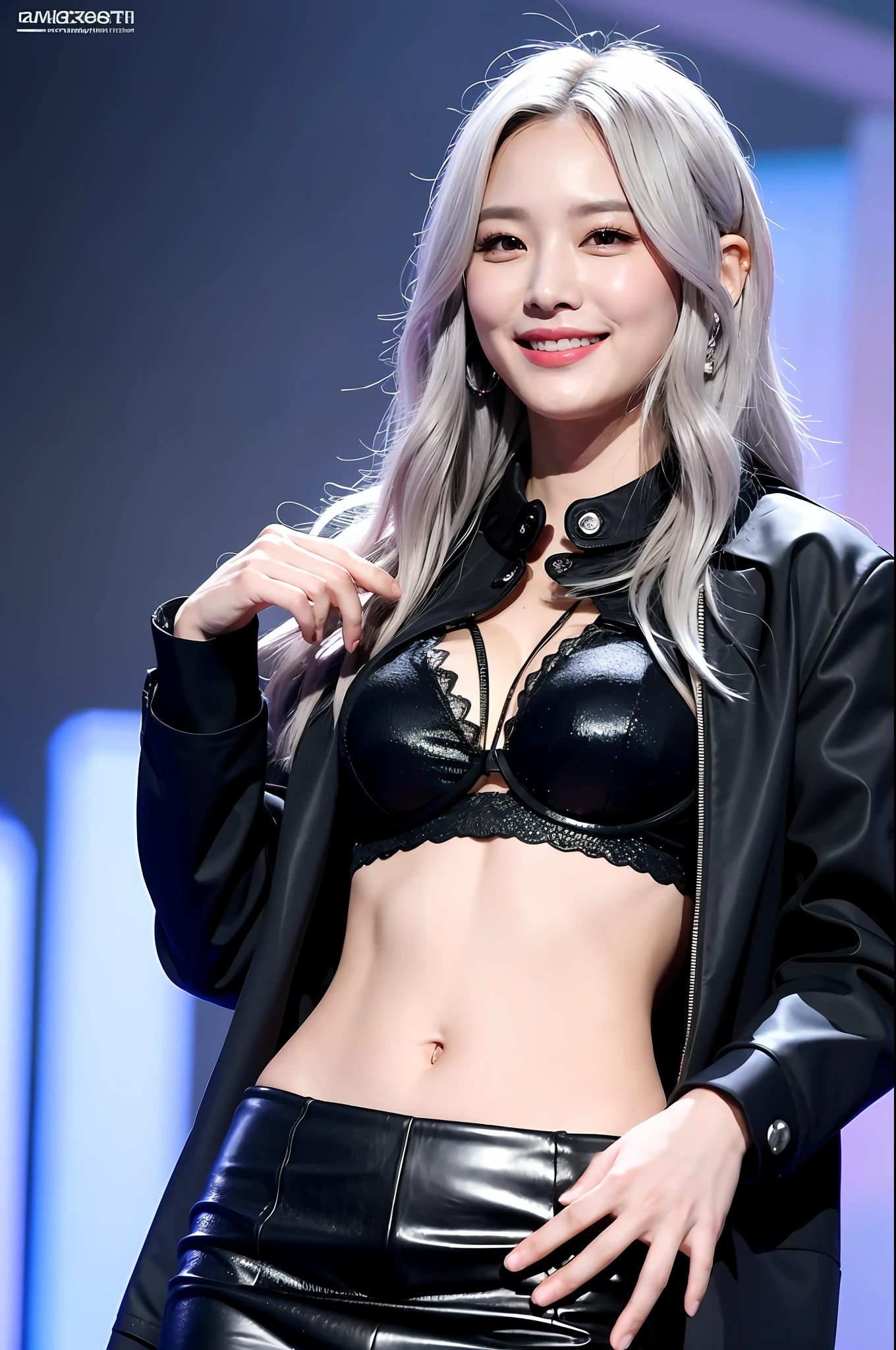 korean woman, silver hair, long hair, sexy woman, k-pop idol, smiling, single woman, black bra, black jacket, black mini skirt,
