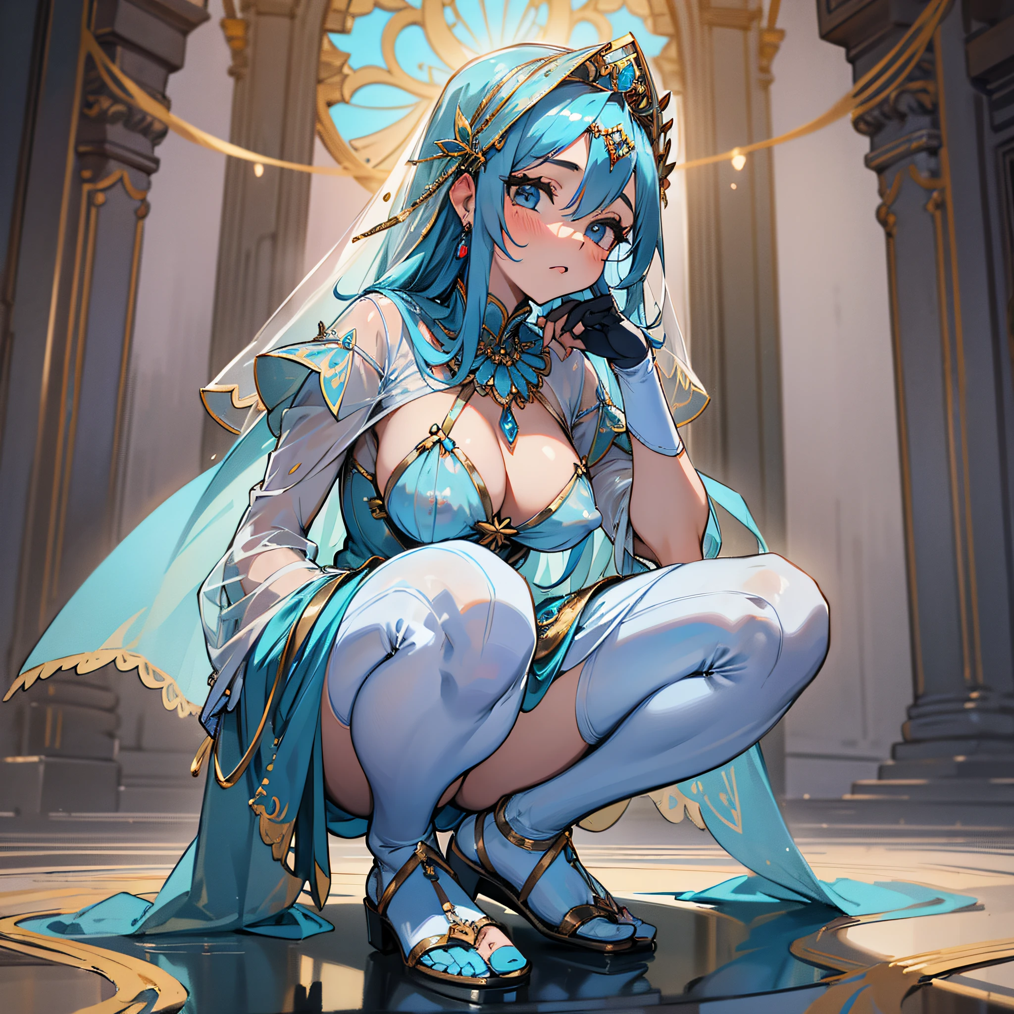 Masterpiece, Best Quality, 1girl, Puffy Nipple, Face Veil, (see-through cloth covering the lower half of the face)), watch viewer, hair ornaments, gloves, light blue Arabian dress, jewelry, squatting, full body