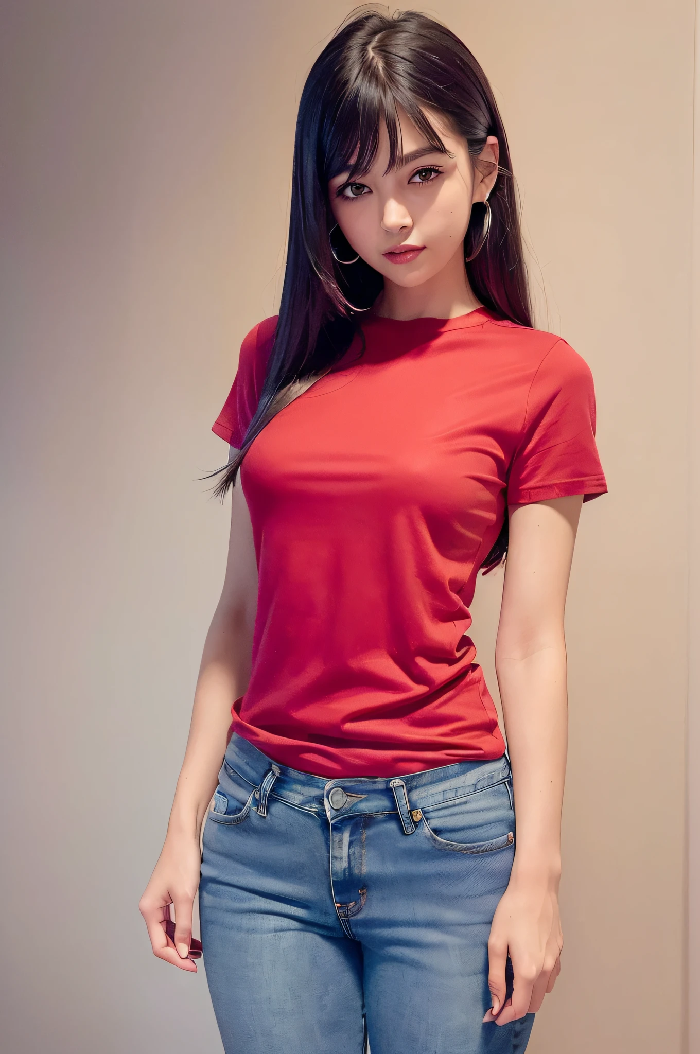 1 girl, staring viewer (bright flashy red t-shirt), (plain bright flashy red t-shirt), (photorealistic, high resolution: 1.4), (photorealistic, high resolution: 1.4), ((soft focus: 1.2), (soft focus: 1.2), Radiosity, Physically Based Rendering, (White Skin: 1.2), (Small: 1.2), Viewer's Gaze, (Middle Hair: 1.5), Portrait, Purple Eyes, (Silver Hair: 1.1), Bangs, (Simple Background: 1.4), Solo, Upper Body, Realistic, (Masterpiece: 1.4), (Best Quality: 1.4), (Glossy Skin), Fashion Girl, Makeup, Smile (Skinny, Mouth Closed, Shy: 1.3) , (standing, plain flashy red T-shirt and jeans, necromancer: 1.1), medium bust, front standing, hands folded behind back, white wall background, no need for a picture on T-shirt,