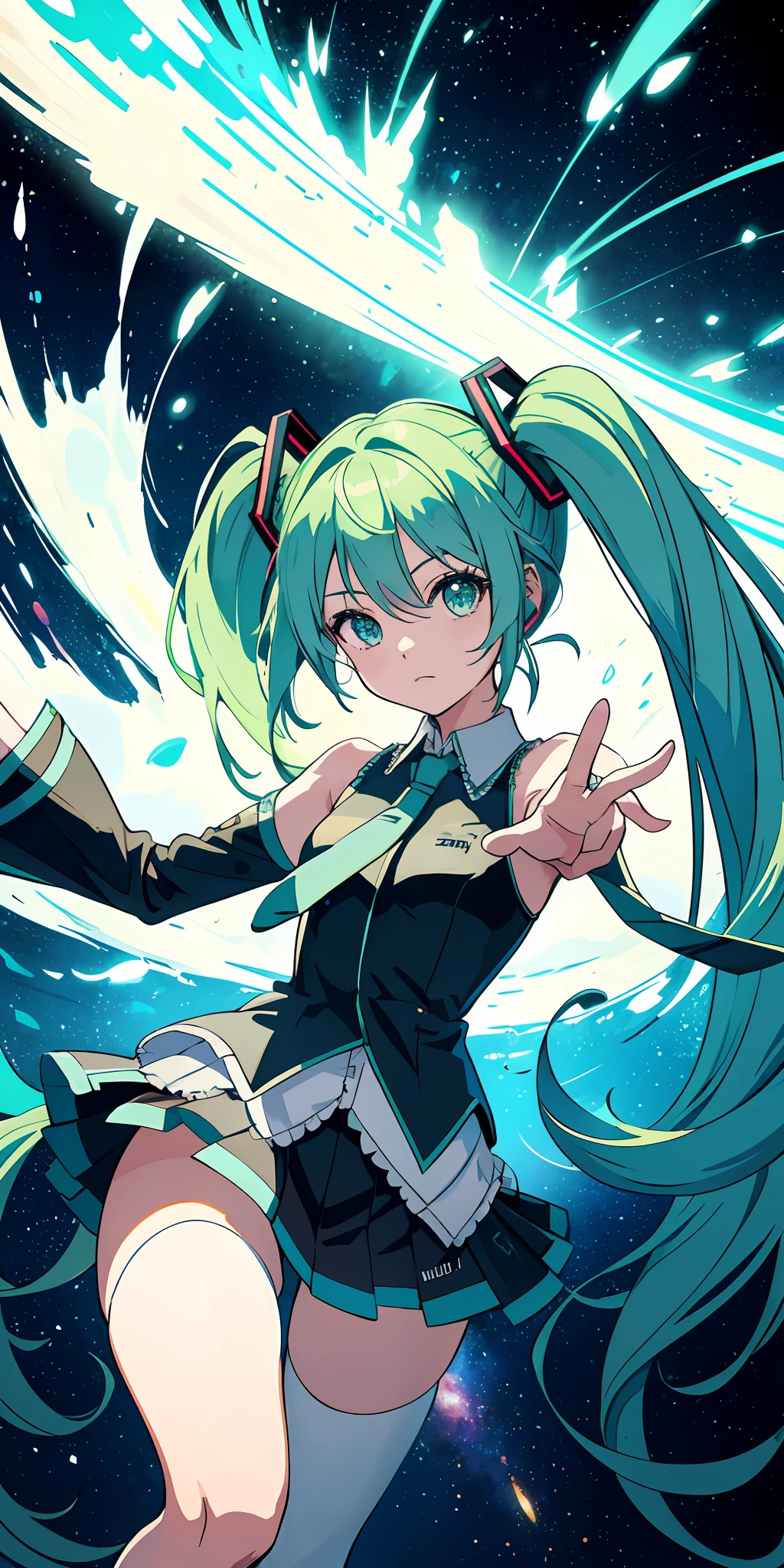 Hatsune Miku, 1girl, green hair, symbol-shaped eyes, space goddess, galaxy, light particles, rays, wallpaper, high contrast, colorful,