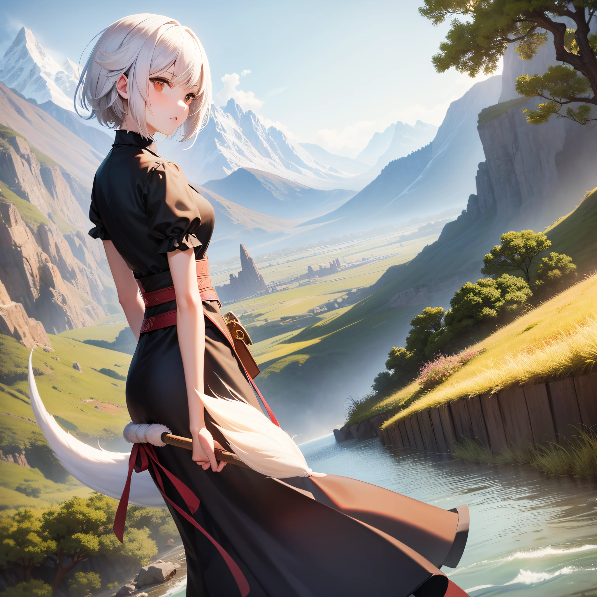 Girl short white hair with 9-tailed fox orehas en fente to a trenpro surrounded by beautiful mountains