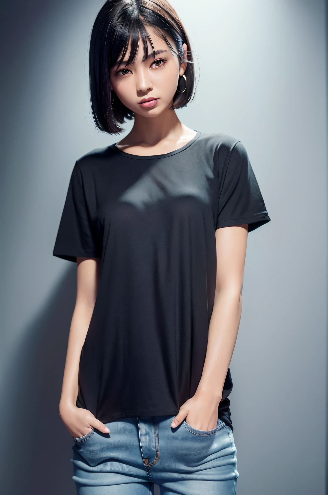 1 girl, staring viewer (bright flashy black t-shirt), (plain bright flashy black t-shirt), Instagram (photorealistic, high resolution: 1.4), ((puffy eyes)), full body (8k, RAW photo, best quality, masterpiece: 1.2), (realistic, photorealistic): 1.37), (soft focus: 1.2), professional lighting, photon mapping, Radiosity, Physically Based Rendering, (White Skin: 1.2), (Small: 1.2), Viewer's Gaze, (Middle Hair: 1.5), Portrait, Purple Eyes, (Silver Hair: 1.1), Bangs, (Simple Background: 1.4), Solo, Upper Body, Realistic, (Masterpiece: 1.4), (Best Quality: 1.4), (Glossy Skin), Fashion Girl, Makeup, Smile (Skinny, Mouth Closed, Shy: 1.3) , (standing, plain black T-shirt and jeans, necromancer: 1.1), medium bust, front standing, hands folded behind the back, white wall background, no need for a picture on T-shirt,