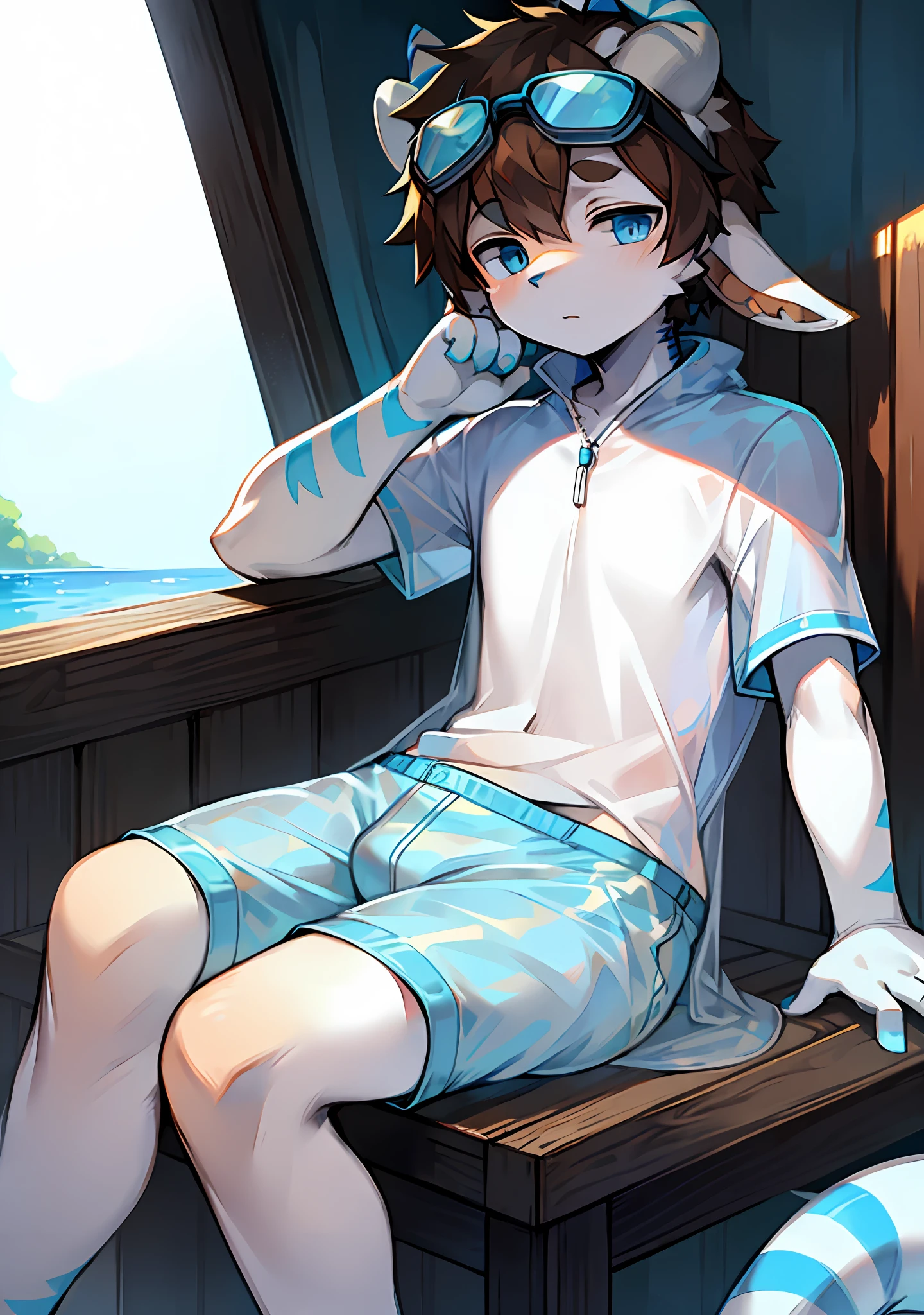 Junior, brown hair, white animal ears, horns, blue stripes on face and ears, sitting, cool summer clothing, short sleeves, transparent coat, tight swimming trunks, goggles on the top of the head, blue eyes, blue stripes on the tail