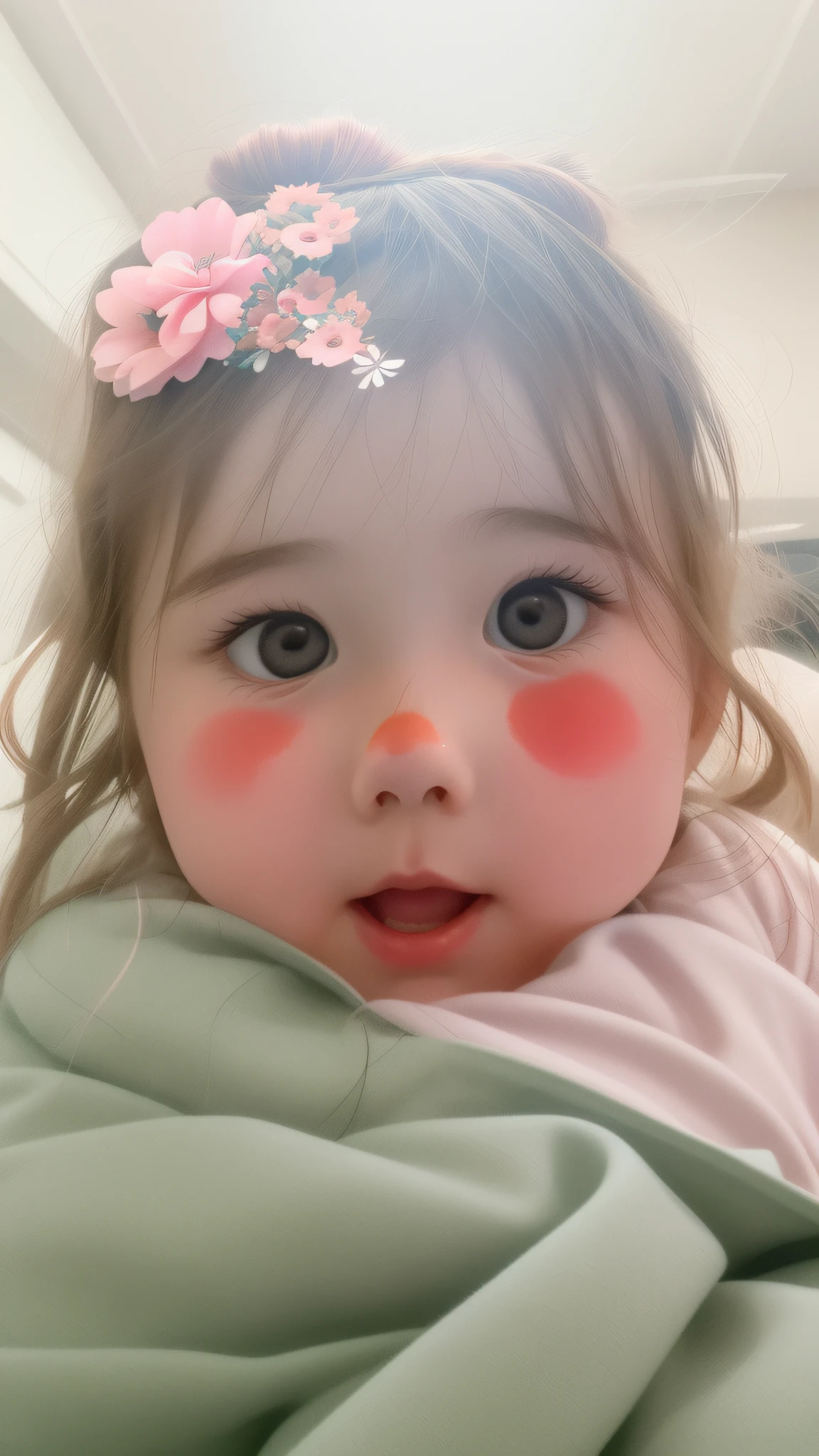 there is a  girl with a flower crown on her head, red cheeks, red - cheeks!!, rosey cheeks, cutecore clowncore, rosy cheeks, cute silly face, smudged face, very silly looking, face picture, blurry face, flushed face, with round cheeks, full cheeks, deformed face, iphone picture, she has a cute face