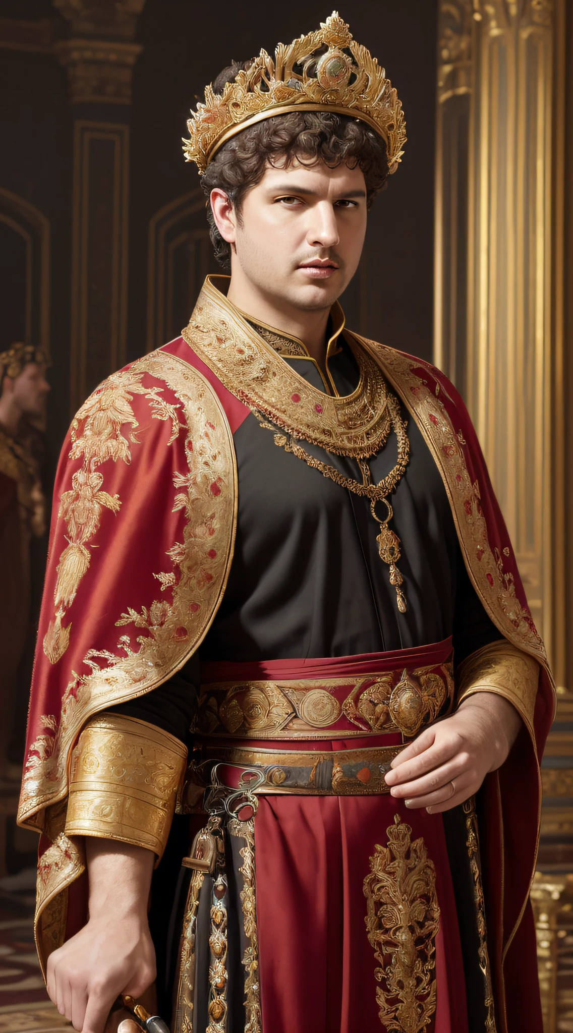 (masterpiece, UHD, oil painting, detailed:1.3, by Greg Rutkowski), Emperor Nero, (radiating imperial grace:1.2), adorned in his Roman attire, intricately embroidered robe, laurel crown on his head, dignified expression, Roman backdrop with architectural elements, warm and rich color palette, meticulous brushwork capturing the elegance and authority of the emperor.