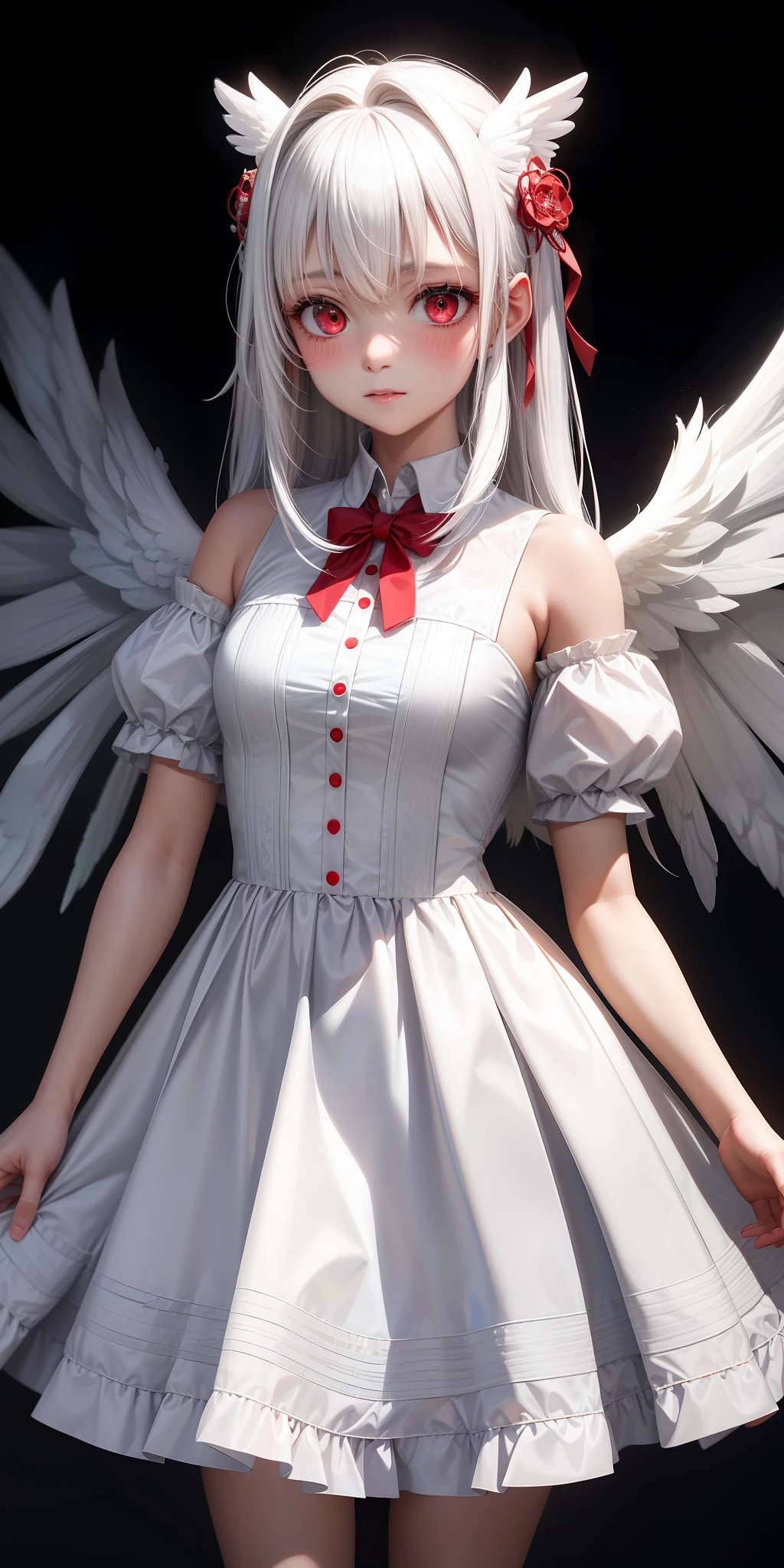 girl one, white hair, red eyes, angel wings, white dress, cute, cute, blush