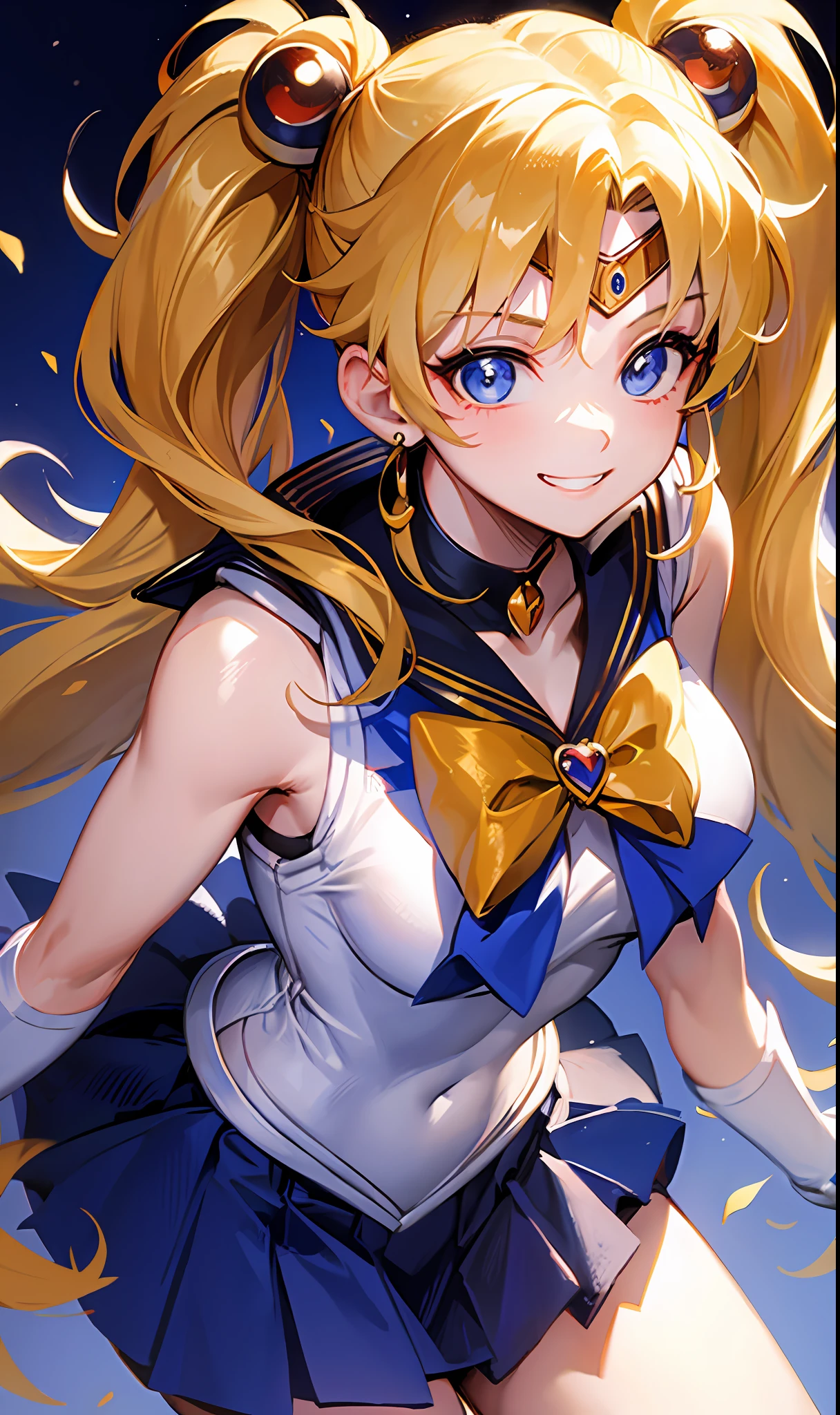 masterpiece, top quality, one girl, solo, dynamic pose, cowboy shot, sailor moon,golden hair, twin tails, uniform, stooped,, evil smile, grin, from above, look up, simple background,