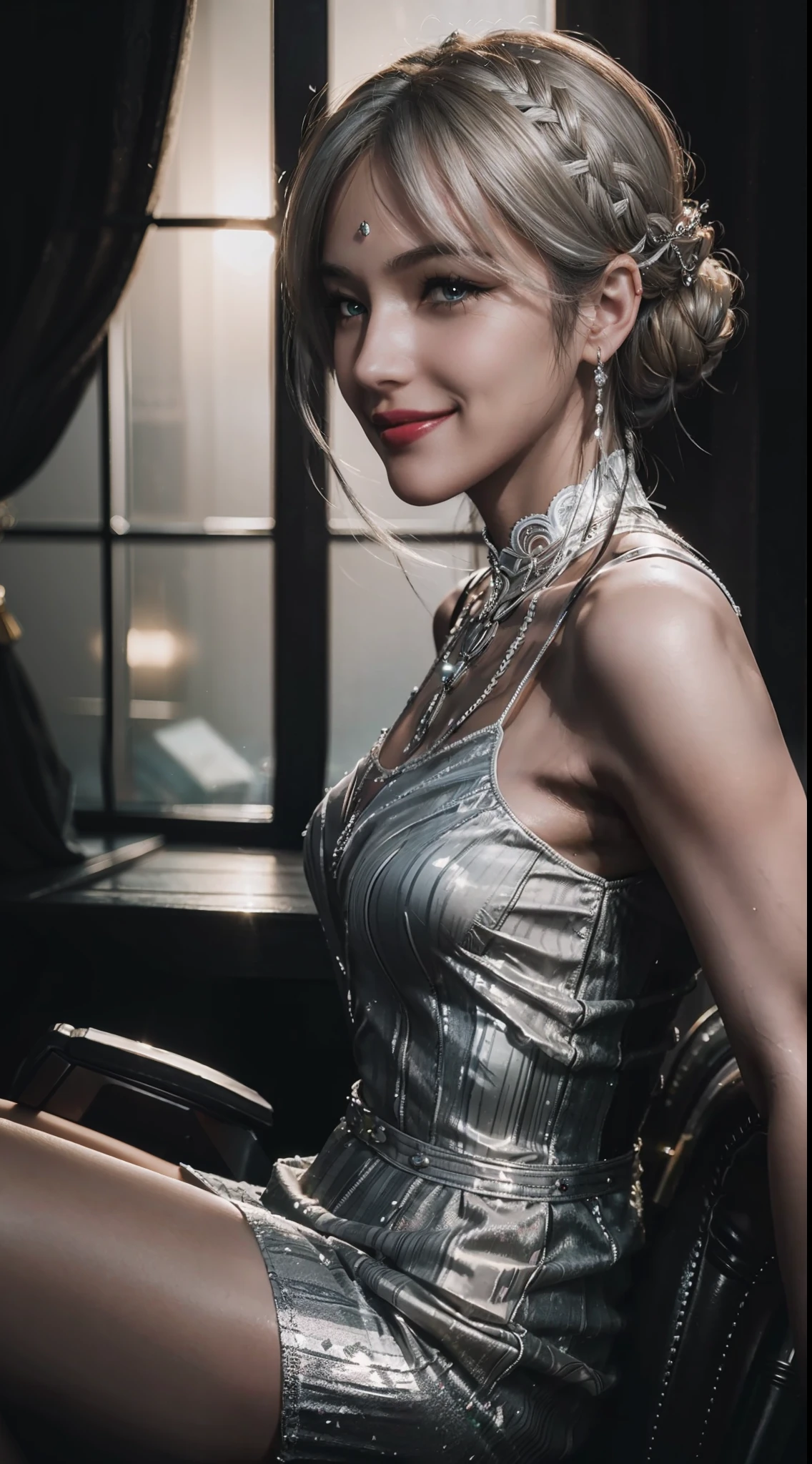 Best quality, masterpiece, ultra high res, (photorealistic:1.4), raw photo, 1girl, silver hair, Formal Updo,shiny skin, dramatic lighting,(smile:1.2),ningrongrong