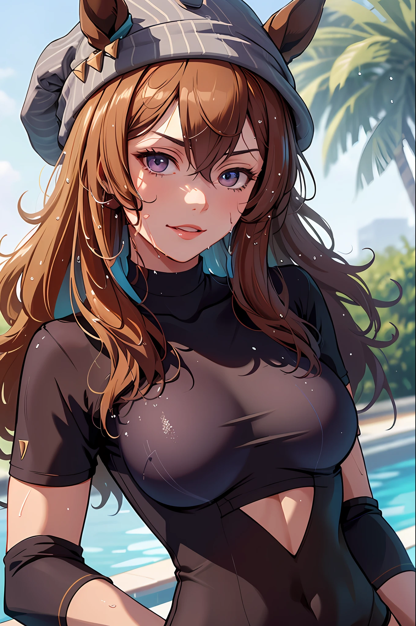 ((Masterpiece)), (Illustration), (Best Quality)), Complex Landscape, (((Beautiful Detailed Girl)), Medium Breasts, (Delicate Model Face), Lovestrack, (Iridescent Eyes), Gray Hat, Nakayam Festa \(Uma Musume\), Horse Ears, Horsetail, Poolside, Light Smile, Bikini, Side Tie Bikini, Heavy Breathing, Sexual Expression Invitation, (Abs, Slender Figure: 1.1) , (wet body, wet clothes: 1.1), ultra-detailed face, detailed lips, detailed eyes,