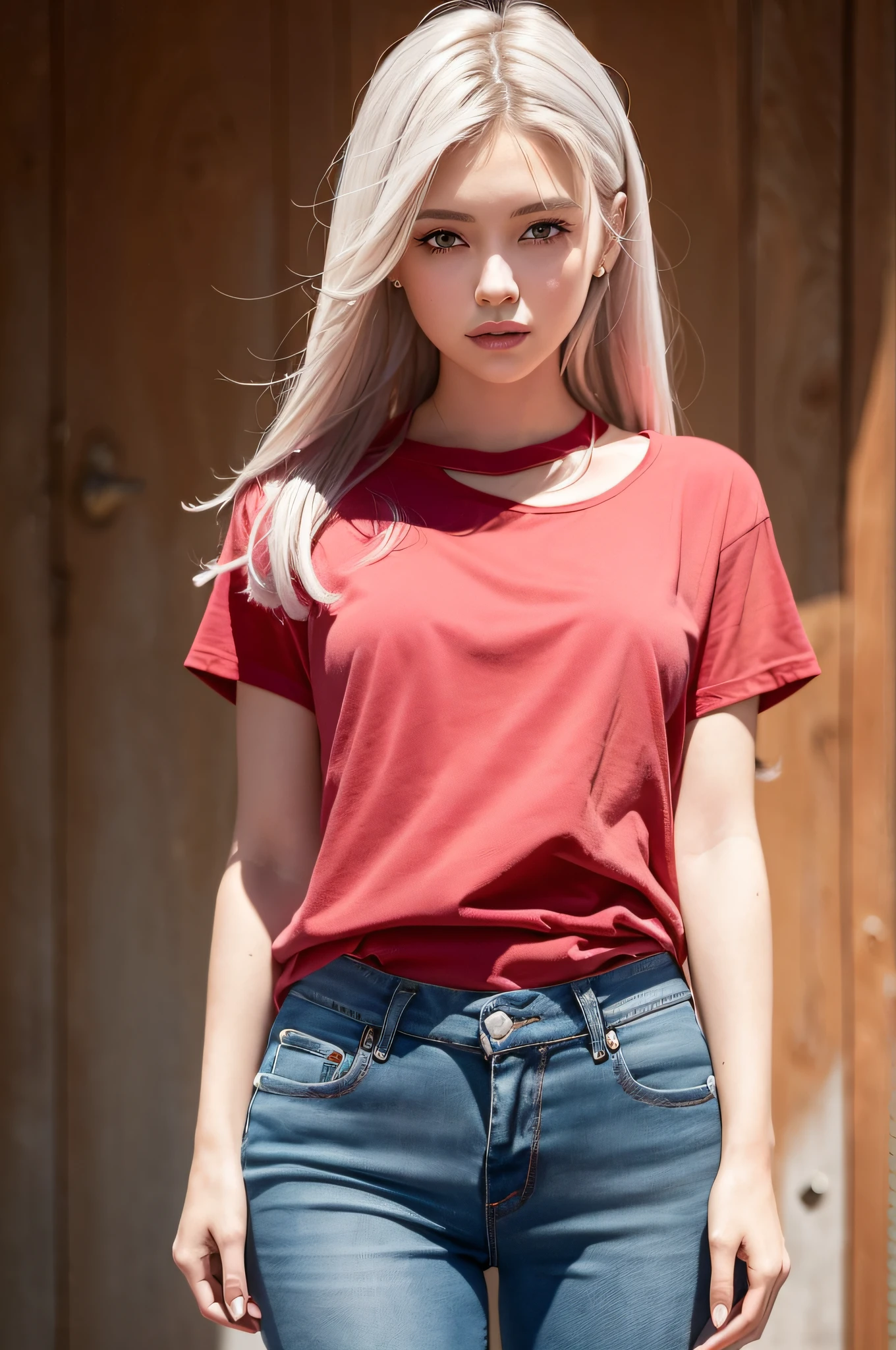4 year old girl, beautiful vintage color, staring at Instagram (photorealistic, high resolution: 1.4), (puffy eyes)), (plain bright flashy red t-shirt), full body (8k, RAW photo, best quality, masterpiece: 1.2), (real, photorealistic): 1.37), (soft focus: 1.2), Professional Lighting, Photon Mapping, Radiosity, Physically Based Rendering, (White Skin: 1.2), (Small: 1.2), Viewer's Gaze, (Middle Hair: 1.5), Portrait, Purple Eye, (Silver Hair: 1.1), Bangs, (Simple Background: 1.4), Solo, Upper Body, Realistic, (Masterpiece: 1.4), (Best Quality: 1.4), (Glossy Skin), Fashion Girl, Makeup, smile (skinny, mouth closed, shy: 1.3), (standing, plain flashy red T-shirt and jeans, necromancer: 1.1), medium bust, front standing, hands folded behind the back, white wall background, no need for a picture on T-shirt,
