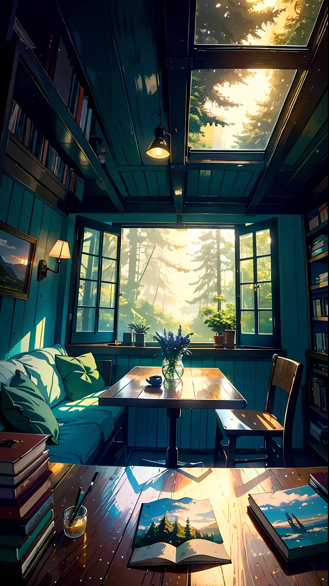 A cozy room, a table, a bed, a lot of books, paintings, a view from the window of a forest, a sea, happiness, full-color, multi-colored, artificial, the highest detail, super quality, small details, highlights, neon lights, a masterpiece