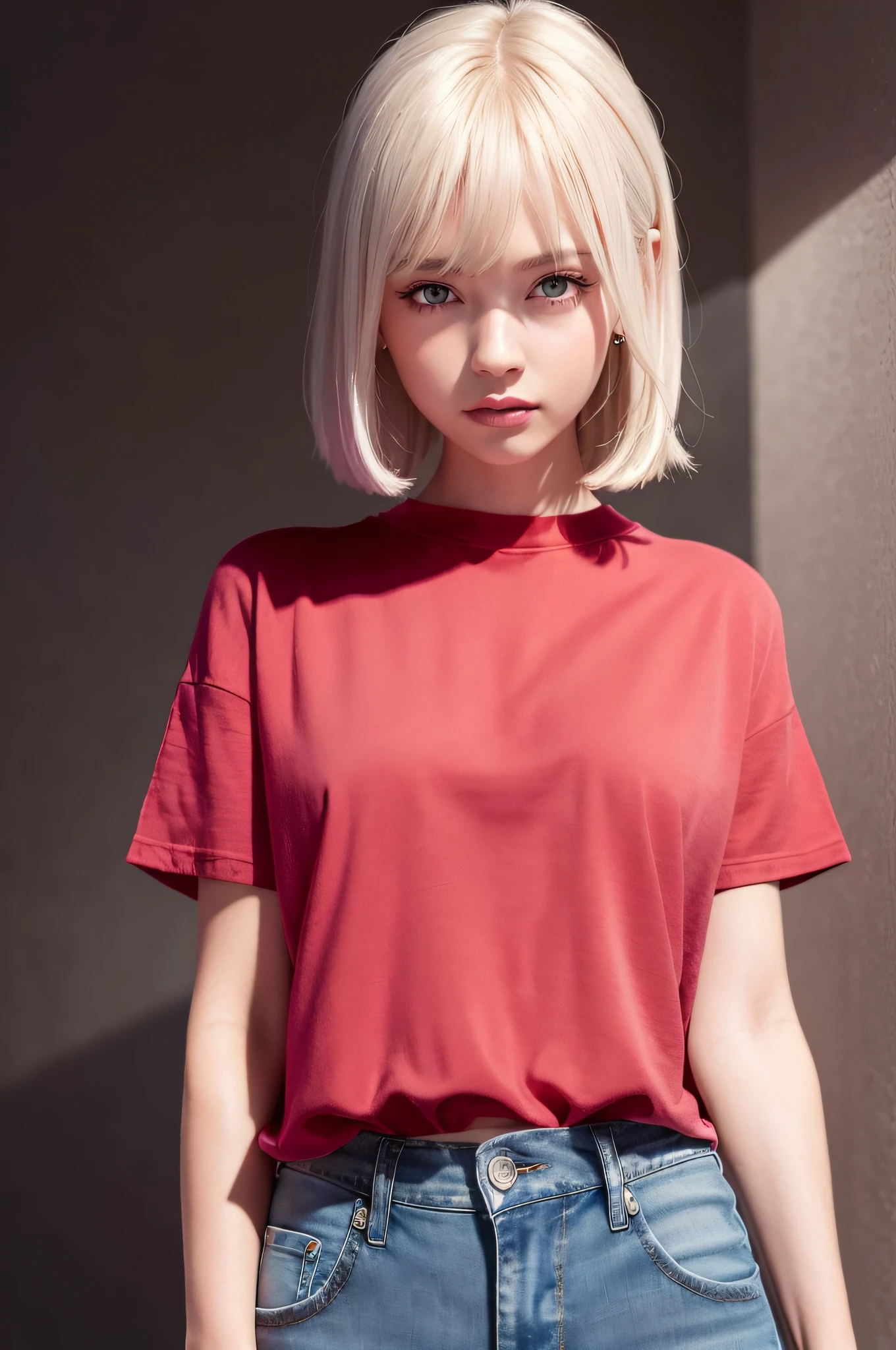 4 girl, beautiful vintage color, staring at Instagram (photorealistic, high resolution: 1.4), (puffy eyes)), (plain bright flashy red t-shirt), full body (8k, RAW photo, best quality, masterpiece: 1.2), (real, photorealistic): 1.37), (soft focus: 1.2), Professional Lighting, Photon Mapping, Radiosity, Physically Based Rendering, (White Skin: 1.2), (Small: 1.2), Viewer's Gaze, (Middle Hair: 1.5), Portrait, Purple Eye, (Silver Hair: 1.1), Bangs, (Simple Background: 1.4), Solo, Upper Body, Realistic, (Masterpiece: 1.4), (Best Quality: 1.4), (Glossy Skin), Fashion Girl, Makeup, smile (skinny, mouth closed, shy: 1.3), (standing, plain flashy red T-shirt and jeans, necromancer: 1.1), medium bust, front standing, hands folded behind the back, white wall background, no need for a picture on T-shirt,