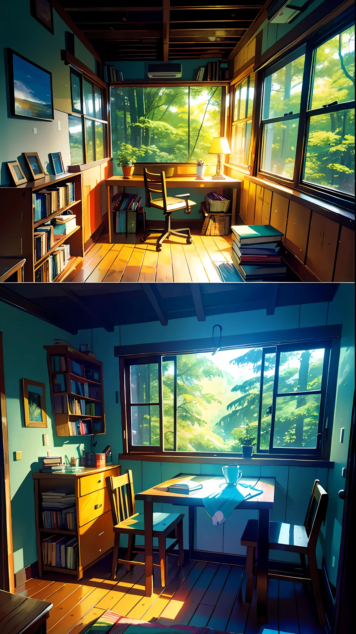 A cozy room, a table, a bed, a lot of books, paintings, a view from the window of a forest, a sea, happiness, full-color, multi-colored, artificial, the highest detail, super quality, small details, highlights, neon lights, a masterpiece