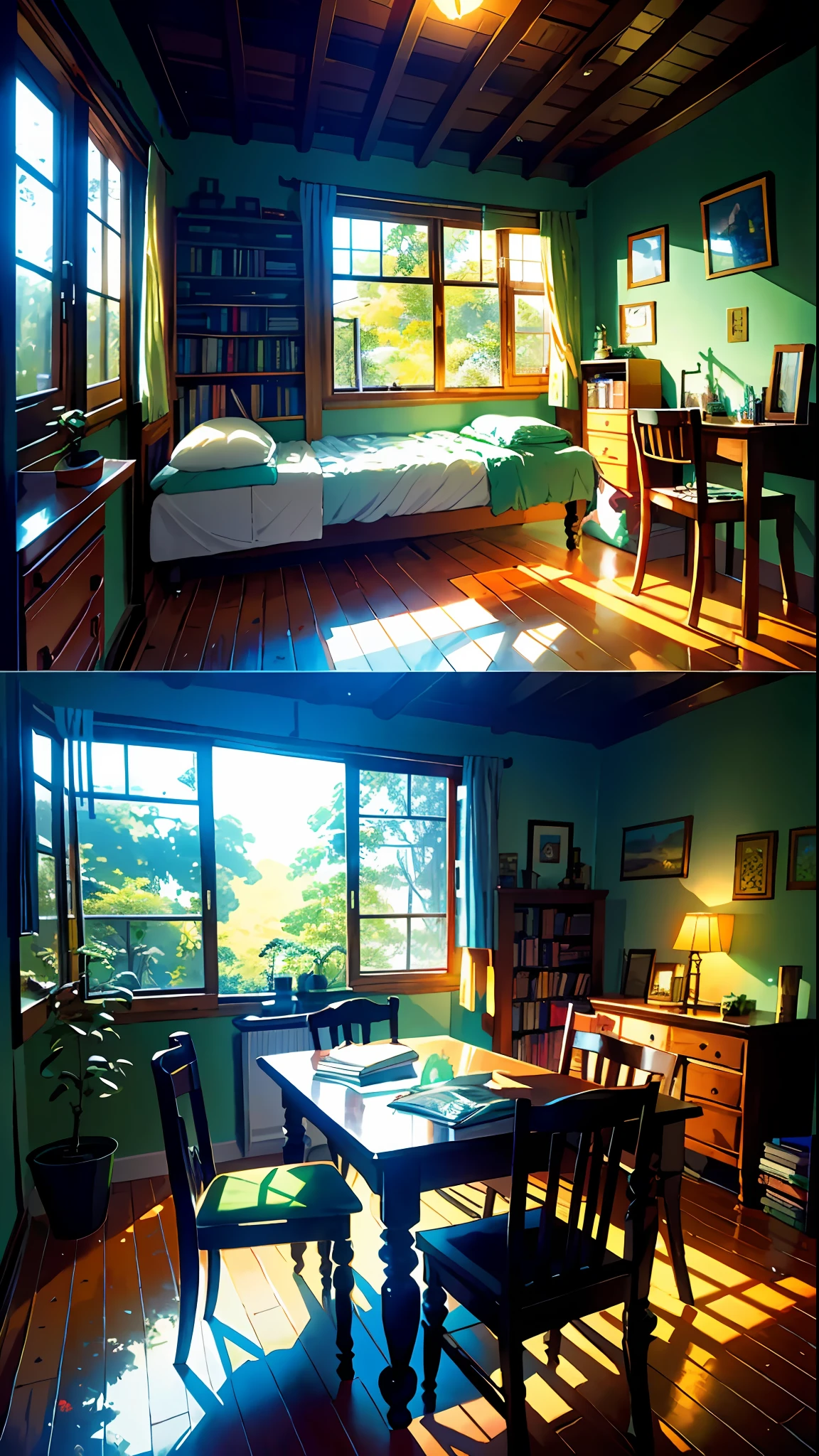A cozy room, a table, a bed, a lot of books, paintings, a view from the window of a forest, a sea, happiness, full-color, multi-colored, artificial, the highest detail, super quality, small details, highlights, neon lights, a masterpiece
