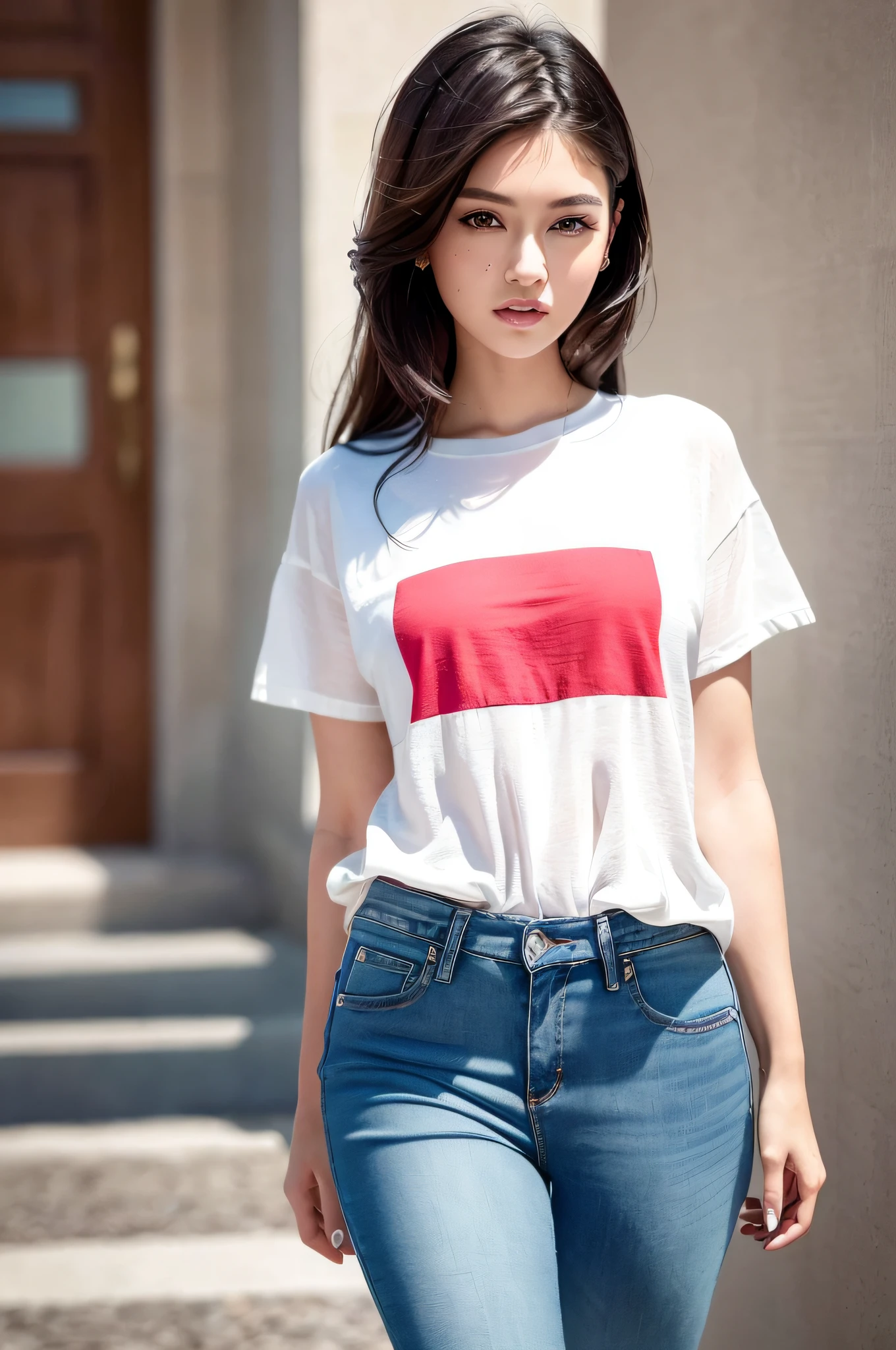 1 girl, beautiful vintage color, staring viewer (bright flashy red t-shirt (plain color), Instagram (photorealistic, high resolution: 1.4), ((puffy eyes)), full body (8k, RAW photo, best quality, masterpiece: 1.2), (realistic, photorealistic): 1.37), (soft focus: 1.2), Professional Lighting, Photon Mapping, Radiosity, Physically Based Rendering, (White Skin: 1.2), (Small: 1.2), Viewer's Gaze, (Middle Hair: 1.5), Portrait, Purple Eye, (Silver Hair: 1.1), Bangs, (Simple Background: 1.4), Solo, Upper Body, Realistic, (Masterpiece: 1.4), (Best Quality: 1.4), (Glossy Skin), Fashion Girl, Makeup, smile (skinny, mouth closed, shy: 1.3), (standing, plain flashy red T-shirt and jeans, necromancer: 1.1), medium bust, front standing, hands folded behind the back, white wall background, no need for a picture on T-shirt,