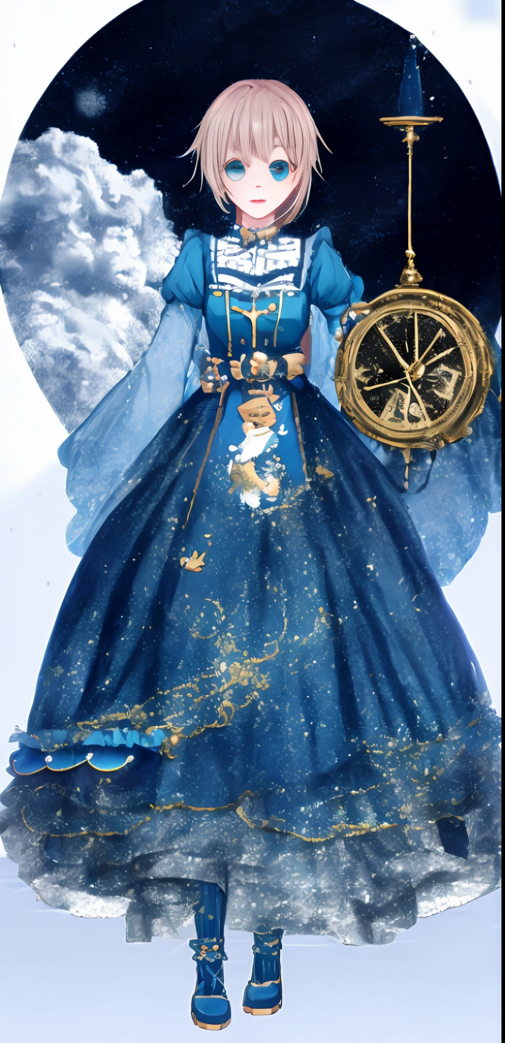 AVAKuma OC anime girl in a blue dress with a clock and a cat, lunar themed attire, astral witch clothes, cotton cloud mage robes, in dress, small curvy, fantasy dress, multilayered outfit, cloud mage robes, cute anime waifu in a nice dress, wearing fantasy formal clothing, magical dress, very detailed and rich clothing, maybe no panties, peeing self