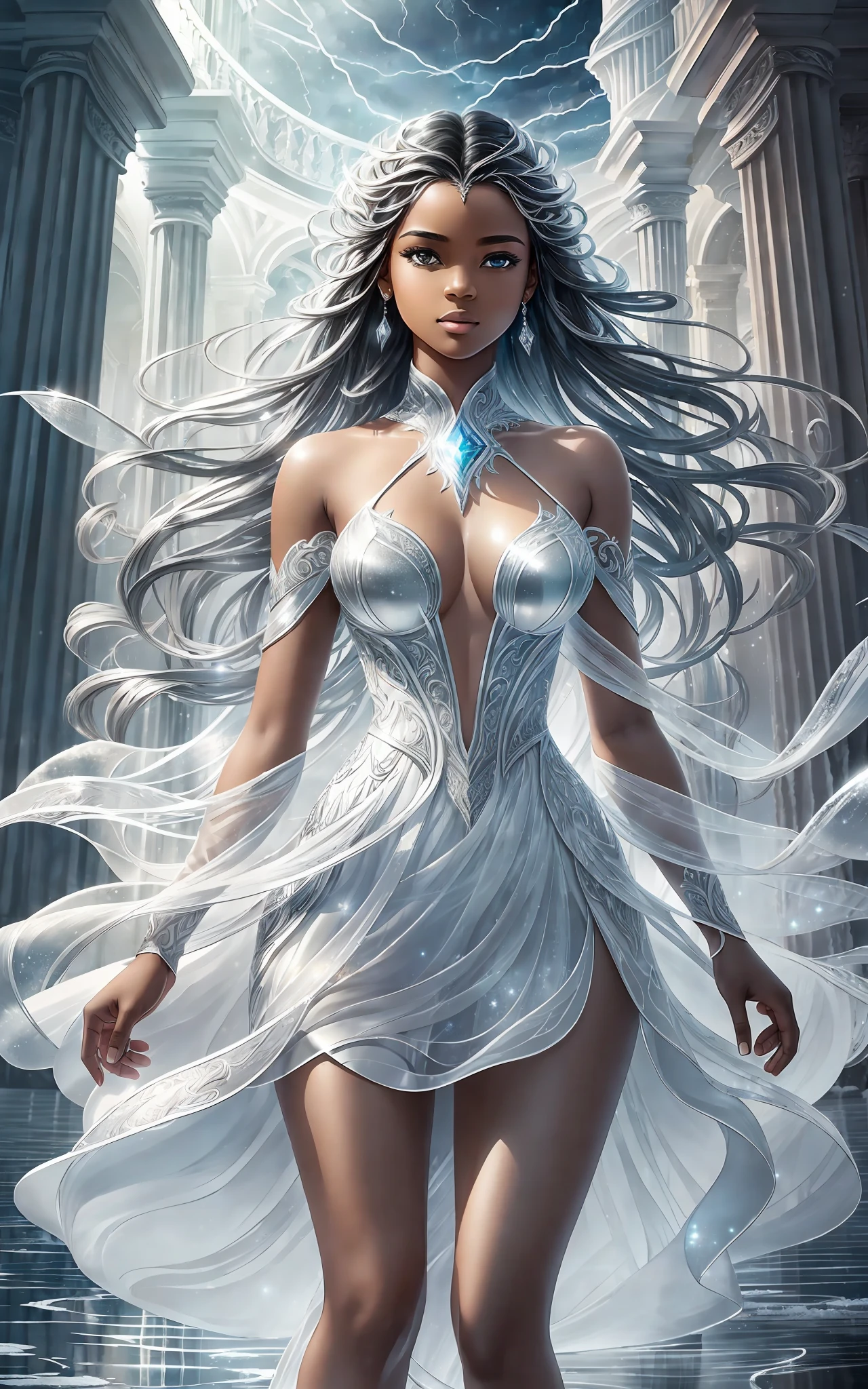 award winning 64k concept art of (black 1girl:1.2) in white majestic open dress standing proudly on the ice, posing, epic, god rays, centered, upper body, (masterpiece:1.2), (best quality:1.2), Amazing, highly detailed, beautiful, finely detailed, warm soft color grading, Depth of field, extremely detailed 64k, fine art, stunning, iridescent, shiny, (light reflections:1.2), (crisp:1.5), silver curls, storm, vibrant, sunlit, (edge detection:1.2), absurdres, impressive, 120mm, outlining