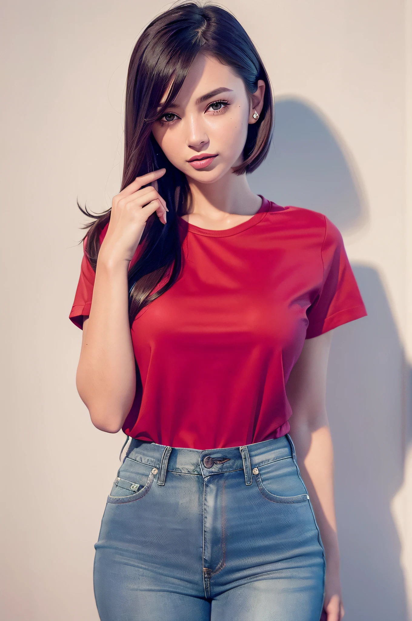 1 girl, beautiful vintage color, staring viewer (bright flashy red t-shirt (plain color), Instagram (photorealistic, high resolution: 1.4), ((puffy eyes)), full body (8k, RAW photo, best quality, masterpiece: 1.2), (realistic, photorealistic): 1.37), (soft focus: 1.2), Professional Lighting, Photon Mapping, Radiosity, Physically Based Rendering, (White Skin: 1.2), (Small: 1.2), Viewer's Gaze, (Middle Hair: 1.5), Portrait, Purple Eye, (Silver Hair: 1.1), Bangs, (Simple Background: 1.4), Solo, Upper Body, Realistic, (Masterpiece: 1.4), (Best Quality: 1.4), (Glossy Skin), Fashion Girl, Makeup, smile (skinny, mouth closed, shy: 1.3), (standing, plain flashy red T-shirt and jeans, necromancer: 1.1), medium bust, front standing, hands folded behind the back, white wall background, no need for a picture on T-shirt,