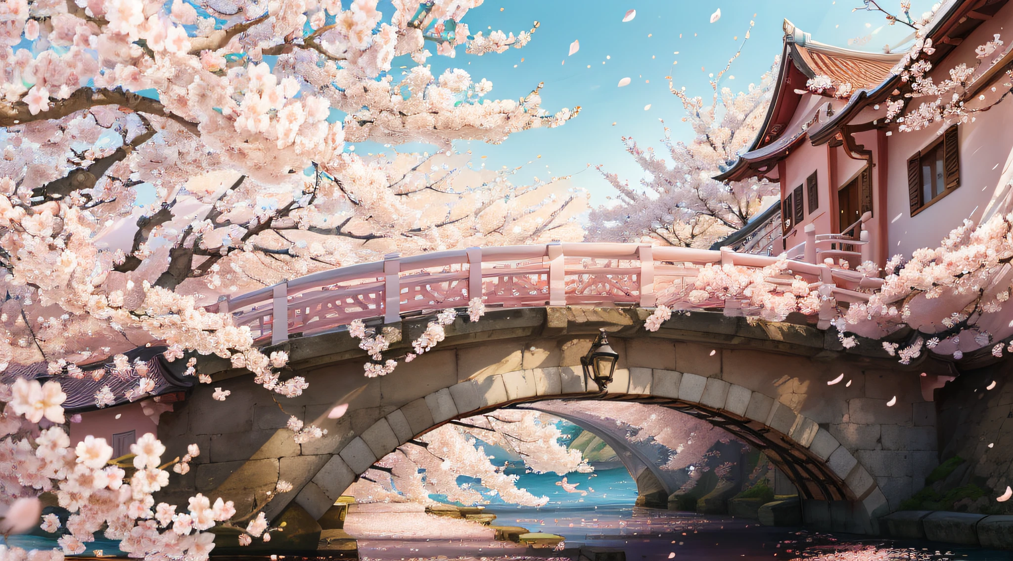 High quality, the finest cherry blossom CG wallpaper, rich color, fine to the extreme, soft care, floating, white and pink petals, large area of empty space, rich layering, dynamic wind, breeze on the bridge, multiple poses, stunning scene. --auto --s2