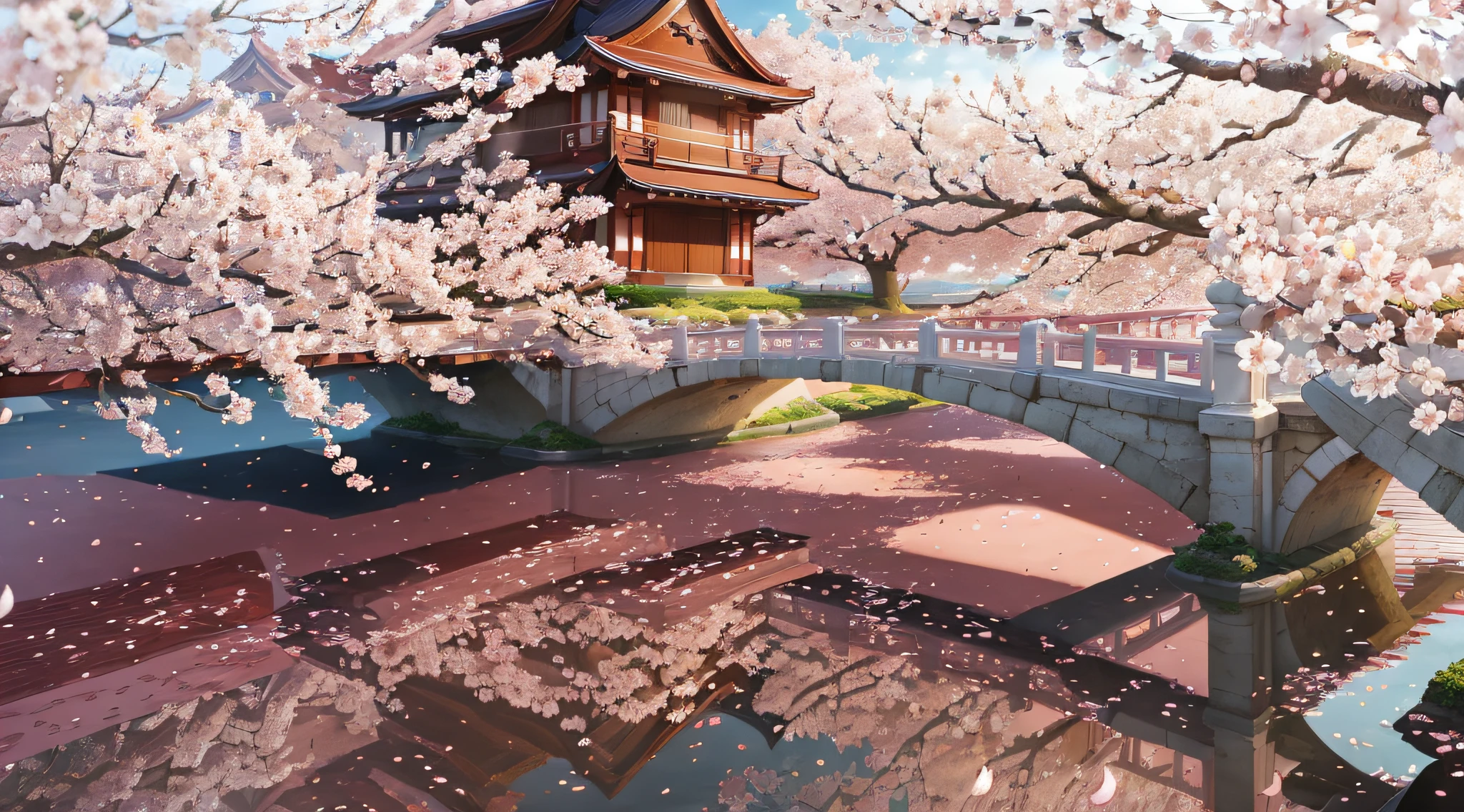 High quality, the finest cherry blossom CG wallpaper, rich color, fine to the extreme, soft care, floating, white and pink petals, large area of empty space, rich layering, dynamic wind, breeze on the bridge, multiple poses, stunning scene. --auto --s2