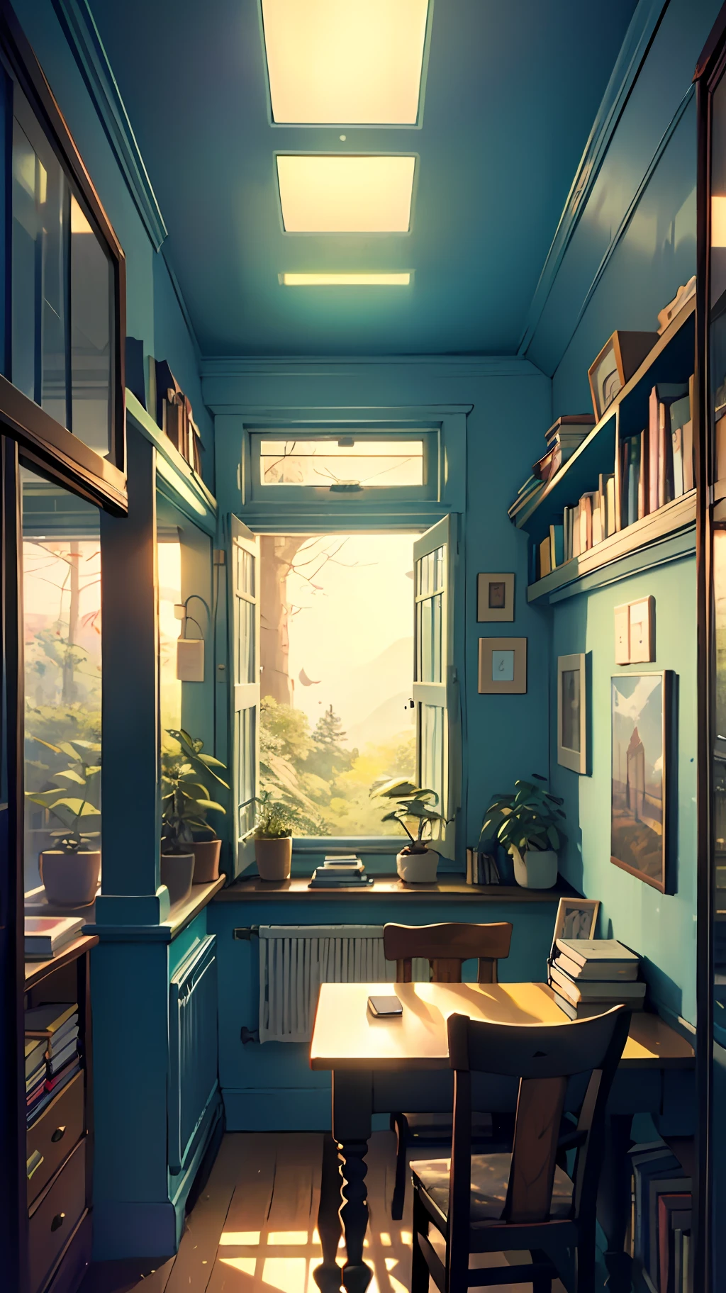 Cozy room, table, bed, many books on the shelves, paintings, view from the window, forest, sea, happiness, full color, multicolored, artful, highest detail, super quality, small details, glare, neon lights, masterpiece, a lot of light in the room, large windows, view from the window