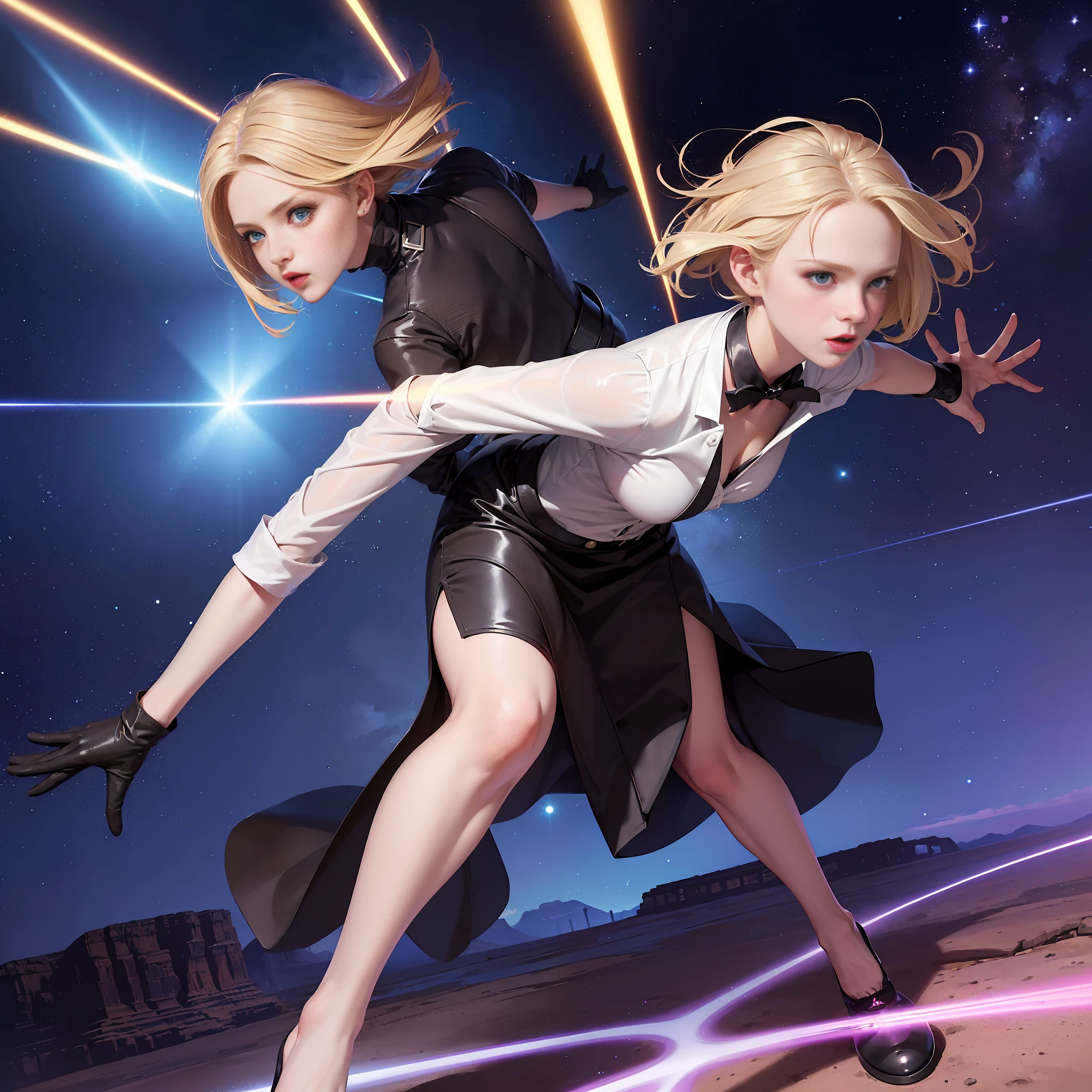 ((1 girl, cute sexy, white-collar office clothes, gloves, blonde hair, short hair, wave head, side split hair, blue eyes))), (((blonde hair)), dynamic pose, comic book style, depicts a group of characters in various action scenes, from intense combat to relaxing moments, with dramatic speed lines and bold sound effects, capturing the excitement and energy of the story, lasers emitted by the palm, attacking forward with the palm, Grand Canyon, starry sky, full_body