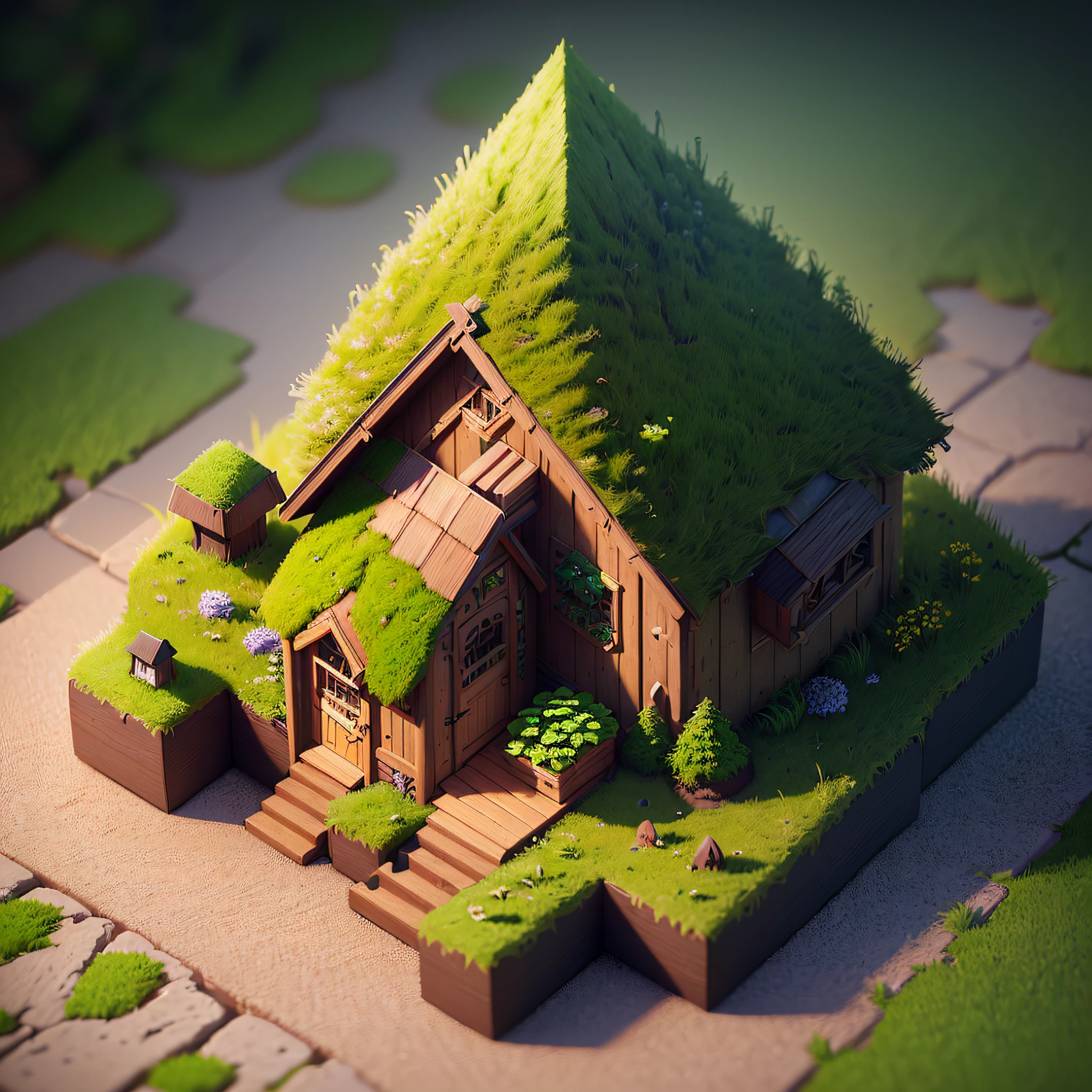 (isometric 3D),(masterpiece),  (extremely detailed CG unity 8k wallpaper), (best quality), (best illustration), (best shadow),
a cute ,A round turnip hut covered with moss
,octane render,ray tracing,ultra detailed