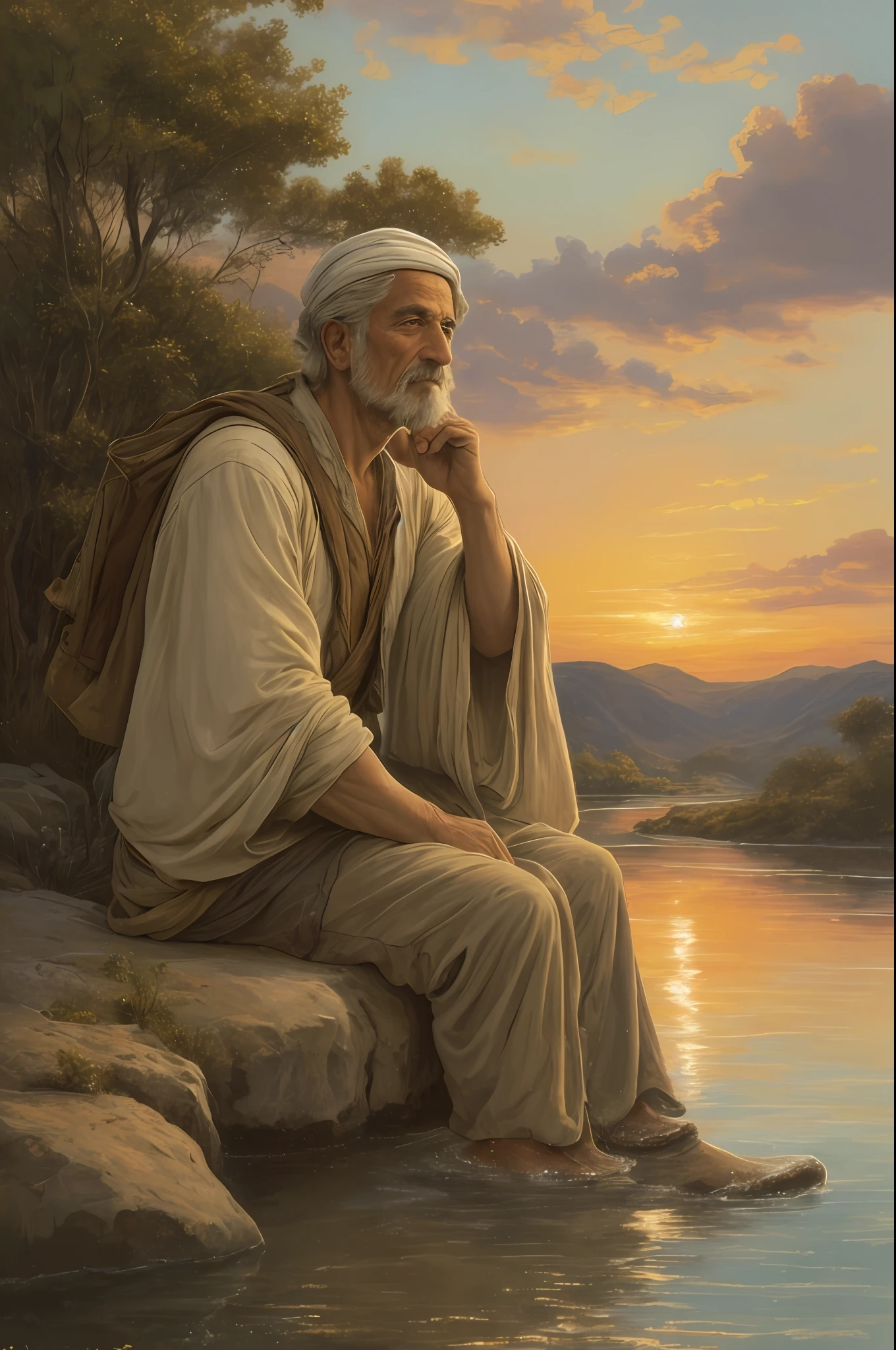 closeup of 1 man, old, of Moroccan descent, wizard sitting by a river, at sunset, beautiful face, looking at the horizon, beautiful sky, (oil painting), classical art: 0.4, detailed, intricate, (fantasy art), muted color: 0.25, best quality, good anatomy, good composition, good proportions, good design, dynamic pose, good pose,  realistic sky, realistic backgrounds, (cinematic), (highest quality, award-winning, masterpiece:1.3), (art by Arthur Rackham:0.5), (((natural colors))), (photorealistic:1.4), ((empty-handed, holding nothing)),