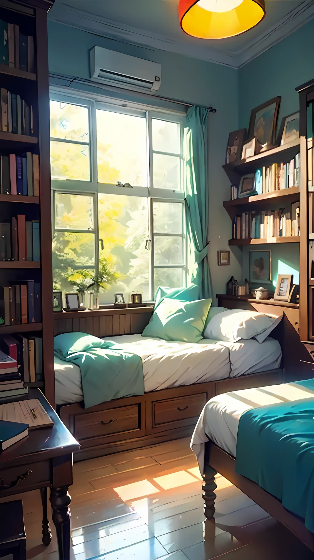 Cozy room, table, bed, many books on the shelves, paintings, view from the window, forest, sea, happiness, full color, multicolored, artful, highest detail, super quality, small details, glare, neon lights, masterpiece, a lot of light in the room, large windows, view from the window