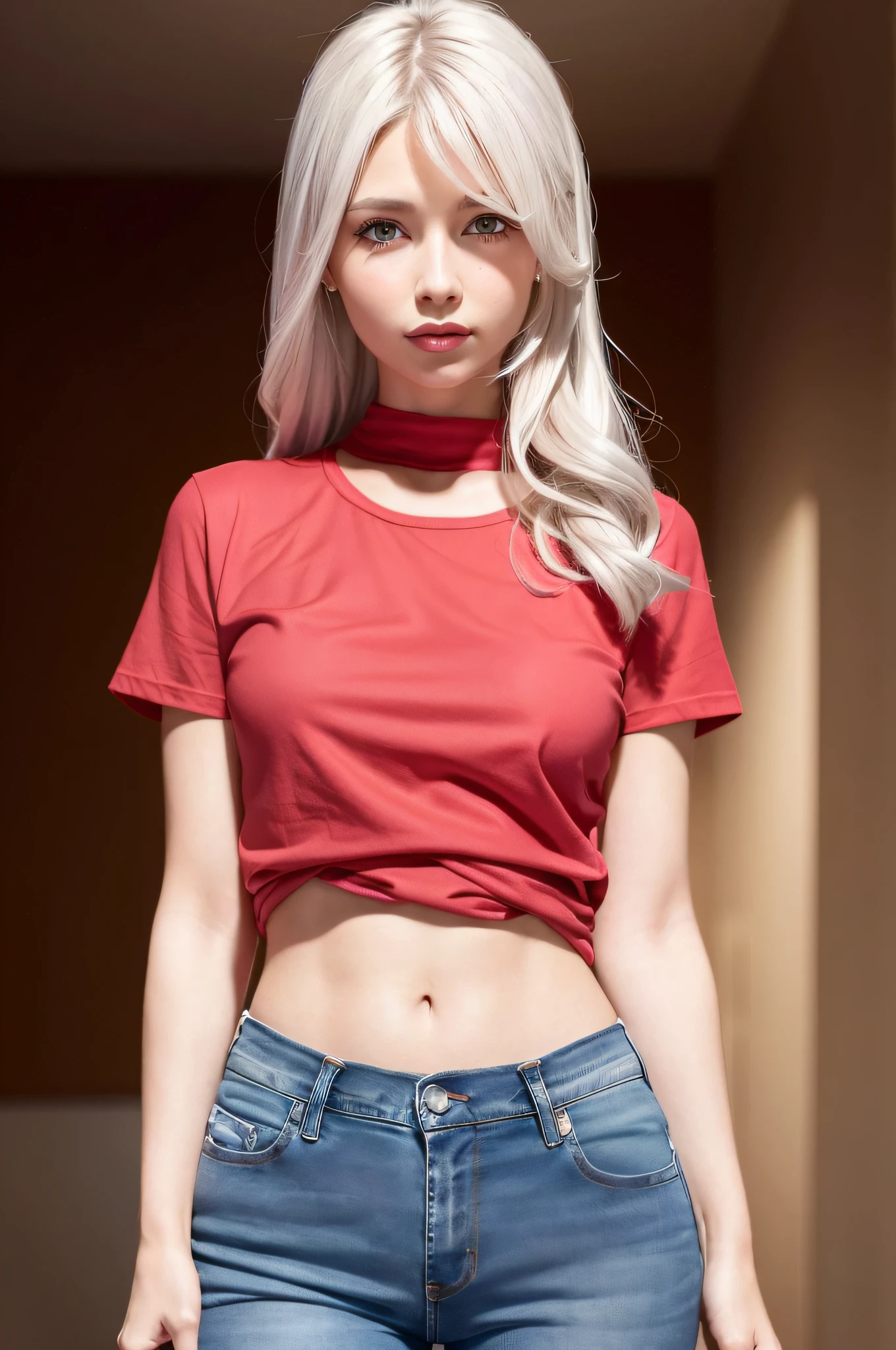 1 girl, beautiful vintage color, staring viewer (bright flashy red t-shirt (plain color), Instagram (photorealistic, high resolution: 1.4), ((puffy eyes)), full body (8k, RAW photo, best quality, masterpiece: 1.2), (realistic, photorealistic): 1.37), (soft focus: 1.2), Professional Lighting, Photon Mapping, Radiosity, Physically Based Rendering, (White Skin: 1.2), (Small: 1.2), Viewer's Gaze, (Middle Hair: 1.5), Portrait, Purple Eye, (Silver Hair: 1.1), Bangs, (Simple Background: 1.4), Solo, Upper Body, Realistic, (Masterpiece: 1.4), (Best Quality: 1.4), (Glossy Skin), Fashion Girl, Makeup, smile (skinny, mouth closed, shy: 1.3), (standing, plain flashy red T-shirt and jeans, necromancer: 1.1), medium bust, front standing, hands folded behind the back, white wall background, no need for a picture on T-shirt,