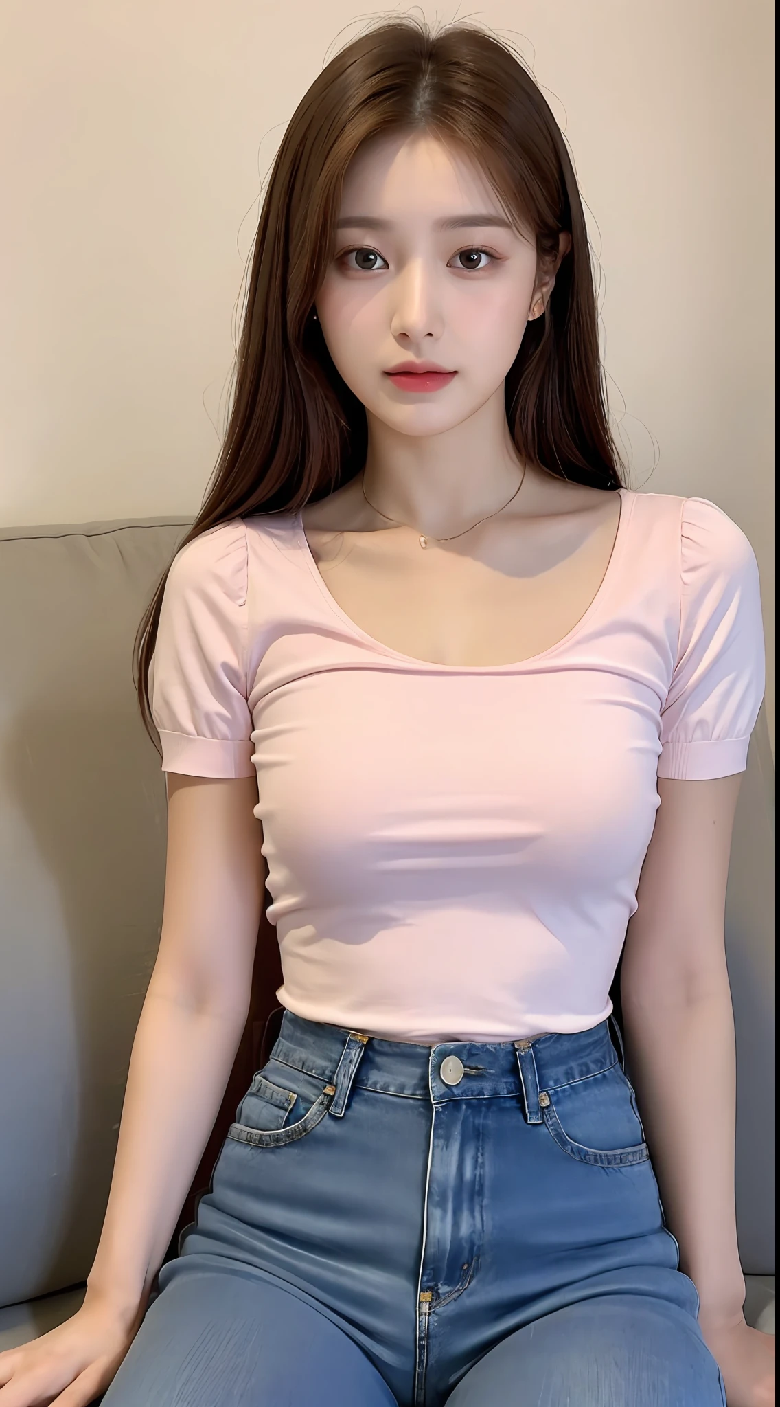 A beautiful girl about 20 years old, brown hair, delicate facial features, peerless beauty, wearing a pink and white French high-waisted top, wearing blue jeans, sitting on the sofa, full body photo