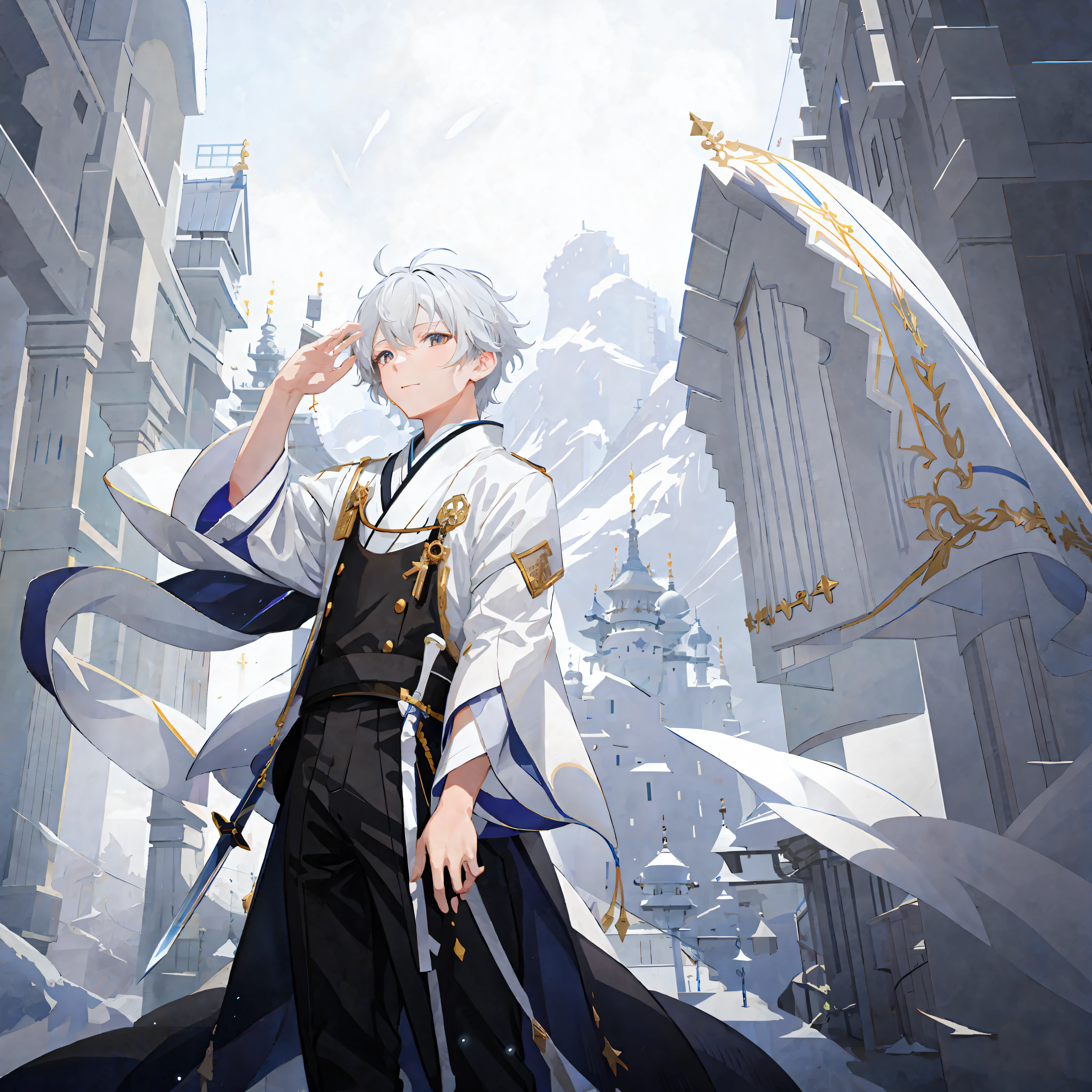 Front view Anime characters with sword and cloak in city streets with buildings, Keqing from Genshin impact, Anime key visual elegance, high detail official artwork, Key anime art, Official art, Official character illustration, Official character art, Detailed key anime art, Key visual, White haired god, Beautiful prince, Key anime visual, Official illustration