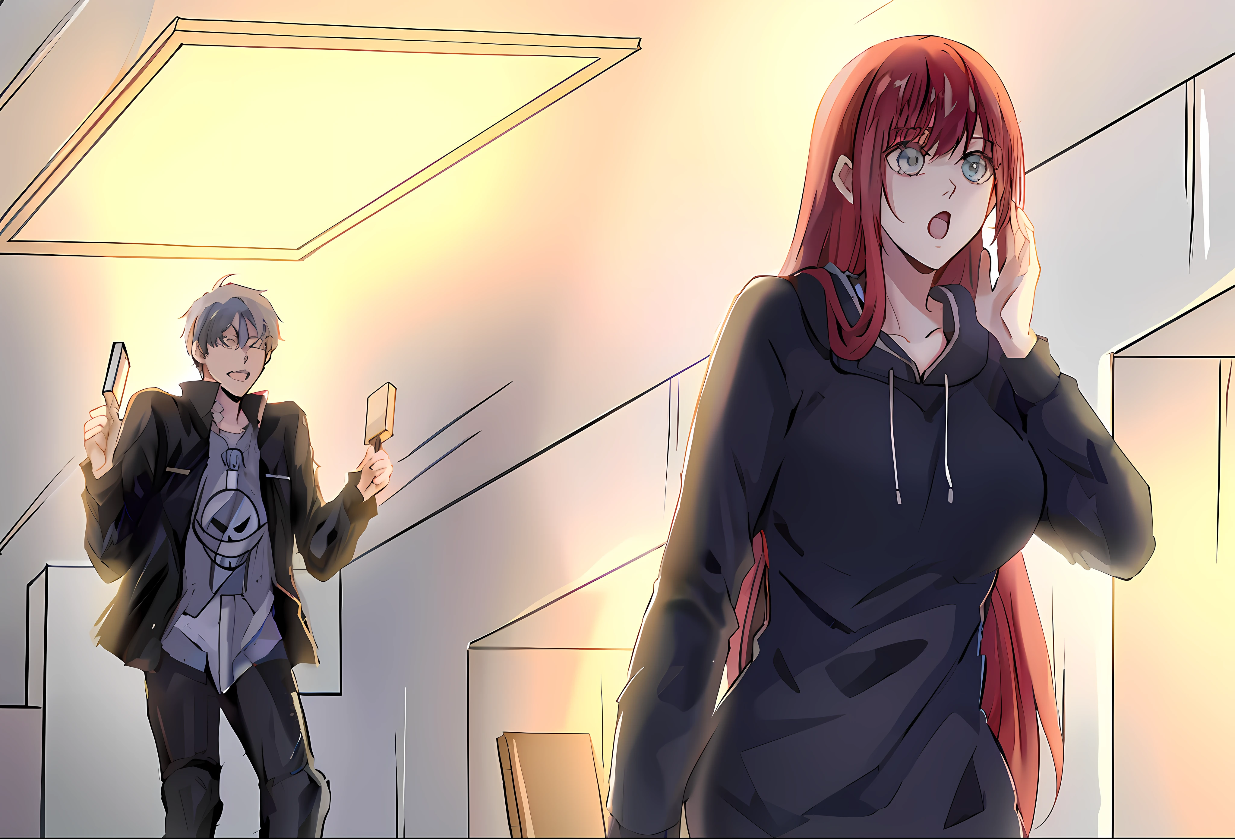 anime image of a woman in a black dress and a man in a black jacket, ; visual novel, she has red hair, painted in anime painter studio, visual novel cg, high quality fanart, visual novel, anime scene, cel shaded anime, official fanart, anya from spy x family, still from tv anime, sankakucomplex anime image, digital anime illustration