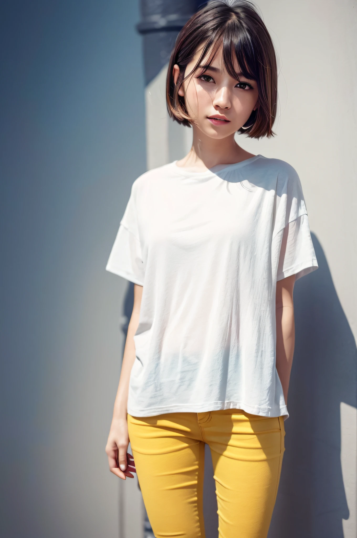 1 girl, beautiful vintage color, staring viewer (puffy eyes)), Instagram (photorealistic, high resolution: 1.4), staring (plain yellow t-shirt), full body (8k, RAW photo, best quality, masterpiece: 1.2), (realistic, photorealistic): 1.37), professional lighting, Photon Mapping, Radiosity, Physically Based Rendering, (White Skin: 1.2), (Small: 1.2), Viewer's Gaze, (Middle Hair: 1.5), Portrait, Purple Eyes, (Silver Hair: 1.1), Bangs, (Simple Background: 1.4), Solo, Upper Body, Realistic, (Masterpiece: 1.4), (Best Quality: 1.4), (Glossy Skin), Fashion Girl, Makeup, Smile (Skinny, Mouth Closed, Shy: 1.3), (standing, plain yellow T-shirt and jeans, necromancer: 1.1), medium bust, front standing, hands folded behind the back, white wall background,