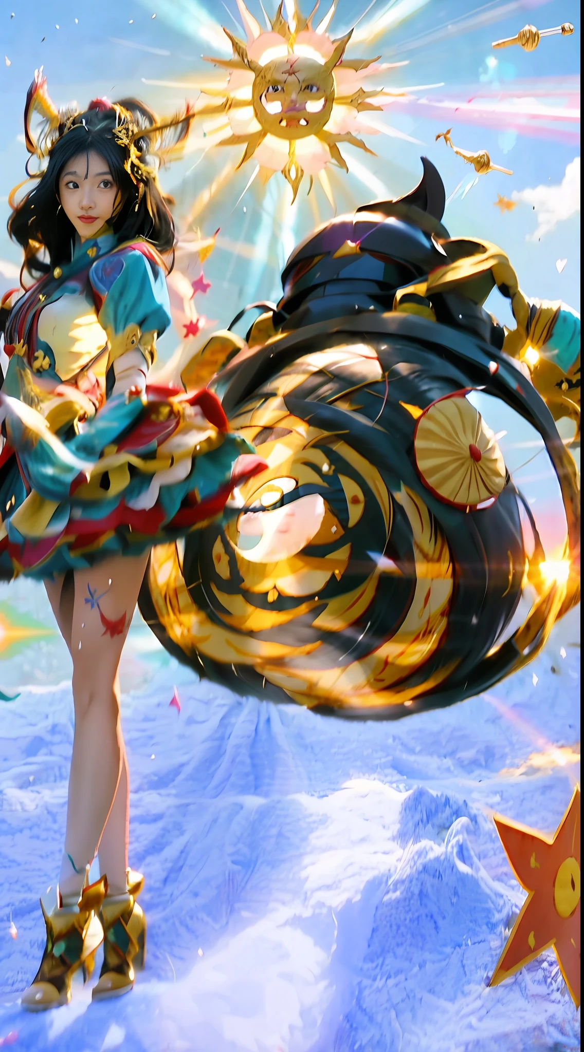 一个人拿着玩具靠近波浪的特写，塞拉芬·阿赫里·克达，来自蔚蓝巷电子游戏，PVC 雕像，蔚蓝巷风格，蔚蓝巷角色，绫香游戏原神冲击，萝莉，动漫 PVC 人物，绫香源神冲击，薇薇，凛，勺子梨苗条萝莉人物，妲己，((best quality)), ((masterpiece)), (detailed), (realistic), man with black hair, red eyes, harnessing the power of the zodiac signs, (enhancing animal energies:1.3), surrounded by swirling cosmic energy, (celestial connection:1.2), intricate tattoos of the 12 zodiac animals covering his body, (mystical transformation:1.2), (energetic aura:1.1), empowering others with his touch, (amplifying their inner strengths:1.2), (spiritual guidance:1.1), (empowering ritual:1.2), 8k resolution ，masterpiece,best quality,highres, 
(1girl:1.6),panorama, 
(sunshine:1.5),(impact:1.5),(air warp:1.5),(light lines:1.5),(motion lines:1.5),(light particles:1.5),(flake:1.5),(spread out:1.4),(from center:1.3)