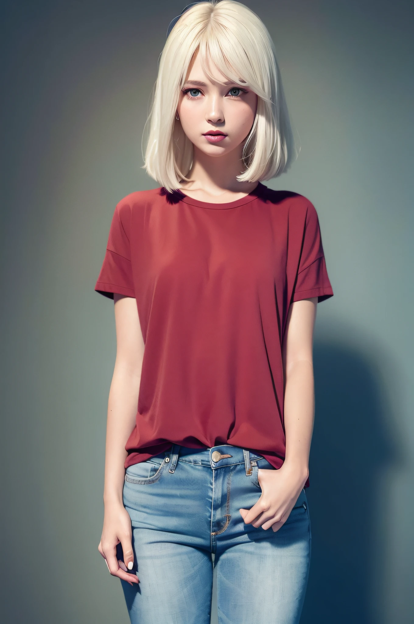 1 girl, beautiful vintage color, Instagram (photorealistic, high resolution: 1.4), staring viewer, staring ((puffy eyes)), full body (8k, RAW photo, best quality, masterpiece: 1.2), (realistic, photorealistic): 1.37), (soft focus: 1.2), professional lighting, photon mapping, Radiosity, Physically Based Rendering, (White Skin: 1.2), (Small: 1.2), Viewer's Gaze, (Middle Hair: 1.5), Portrait, Purple Eyes, (Silver Hair: 1.1), Bangs, (Simple Background: 1.4), Solo, Upper Body, Realistic, (Masterpiece: 1.4), (Best Quality: 1.4), (Glossy Skin), Fashion Girl, Makeup, Smile (Skinny, Mouth Closed, Shy: 1.3) , (standing, plain vivid golden-red T-shirt and jeans, necromancer: 1.1), medium bust, front standing, hands folded behind the back, white wall background,