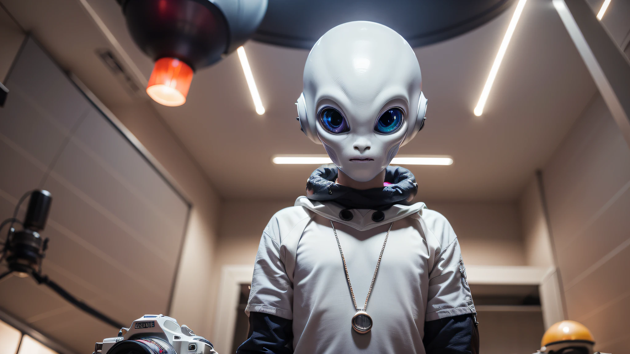 An alien, with albino and realistic skin, large head, short and thin neck, very large eyes and all black, which reflects the local lighting, a nose similar to that of humans but small, a mouth similar to that of humans but small, the body is thin and thin, the alien wears a white sleeve shirt with a letter made of small silver that appears to the right represented within a triangle of the same size, the clothing is inspired by the clothes used for surfing, the color to be used is red, pink chock and blue, as well as details of the environment, and manufactured with neoprene fabric, it is possible to notice a silver necklace hanging from his neck, with a pinjente in the triangular shape with an eye that sees everything in the center as a symbol. the alien is in a recording studio whose scenery is minimalist and features a gray background in gradient hue to circular white, the camera captures the image from the waist up, the alien presents friendly and light expressions, the alien interact with the camera always with a slight smile of satisfaction and tranquility, The skin used and all the elements are of extreme realism, especially the skins, the lighting is an illumination inspired by the 80s.