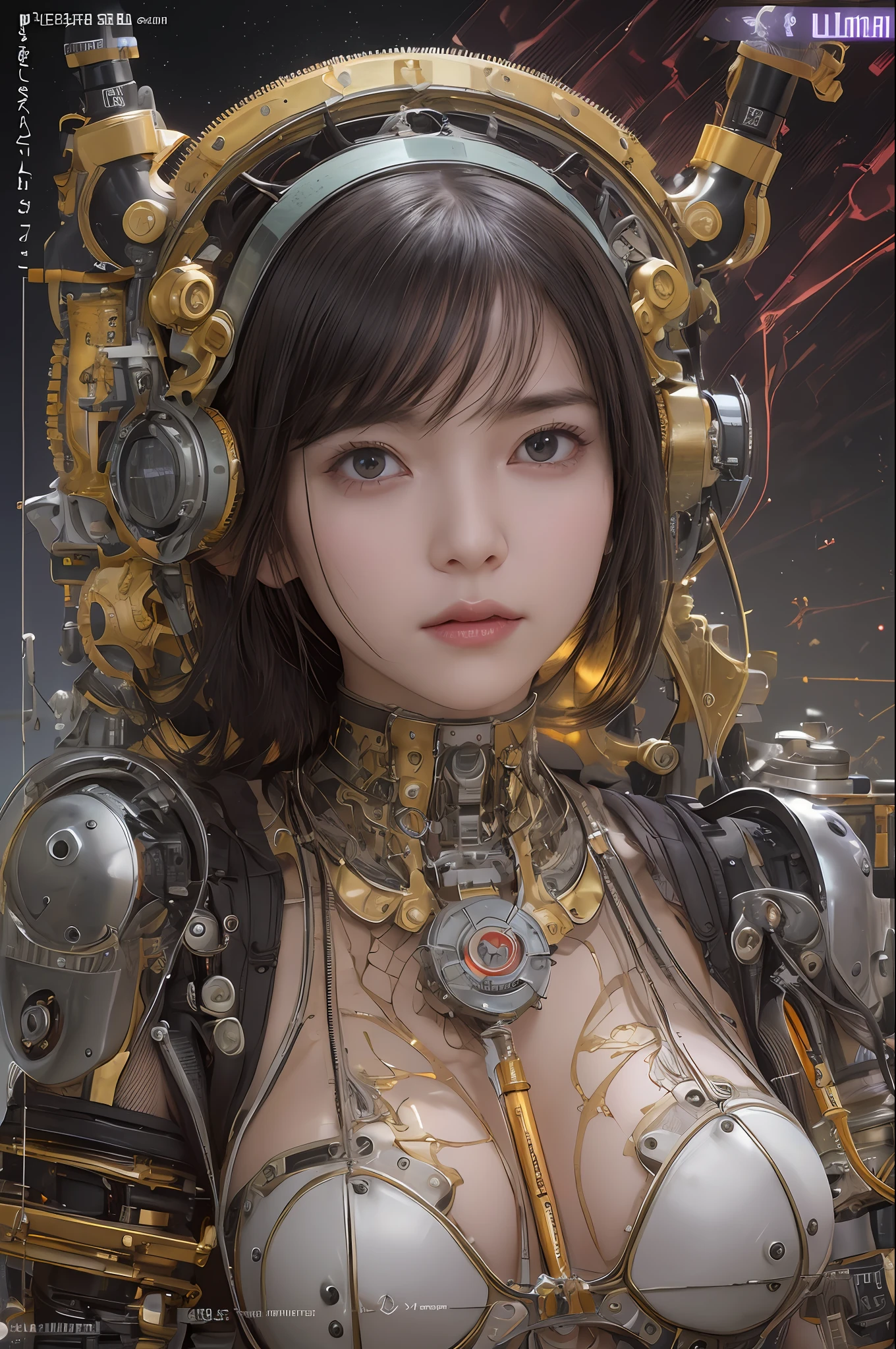 Top Quality, Masterpiece, Ultra High Resolution, (Photorealistic: 1.4), Raw Photo, 1 Girl, Black Hair, Glossy Skin, 1 Mechanical Girl, (Ultra Realistic Details)), Portrait, Global Illumination, Shadows, Octane Rendering, 8K, Ultra Sharp, Big, Cleavage Exposed Raw Skin, Metal, Detail of Intricate Ornaments, Steampunk details, Matsumoto meter, meter, vacuum tube, nixie suga, oil pressure gauge, glass tube, analog meter, gears, golden hydraulic cylinder, very intricate detail, realistic light, CGSoation trend, purple eyes, glowing eyes, facing the camera, neon details, mechanical limbs, blood vessels connected to tubes, mechanical vertebrae attached to the back, mechanical cervical attachment to the neck, sitting, wires and cables connecting to the head, Evangelion, small LED lamps,