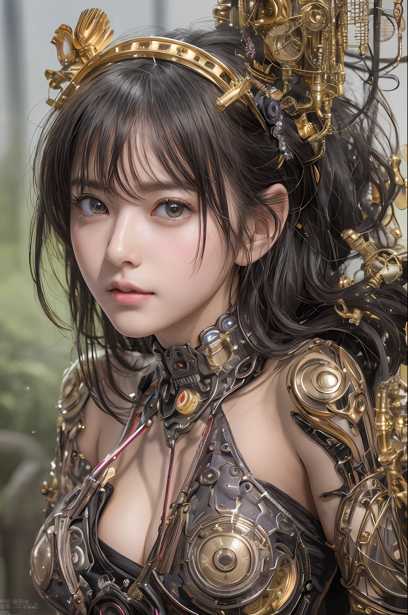 Top Quality, Masterpiece, Ultra High Resolution, (Photorealistic: 1.4), Raw Photo, 1 Girl, Black Hair, Glossy Skin, 1 Mechanical Girl, (Ultra Realistic Details)), Portrait, Global Illumination, Shadows, Octane Rendering, 8K, Ultra Sharp, Big, Cleavage Exposed Raw Skin, Metal, Detail of Intricate Ornaments, Steampunk details, Matsumoto meter, meter, vacuum tube, nixie suga, oil pressure gauge, glass tube, analog meter, gears, golden hydraulic cylinder, very intricate detail, realistic light, CGSoation trend, purple eyes, glowing eyes, facing the camera, neon details, mechanical limbs, blood vessels connected to tubes, mechanical vertebrae attached to the back, mechanical cervical attachment to the neck, sitting, wires and cables connecting to the head, Evangelion, small LED lamps,