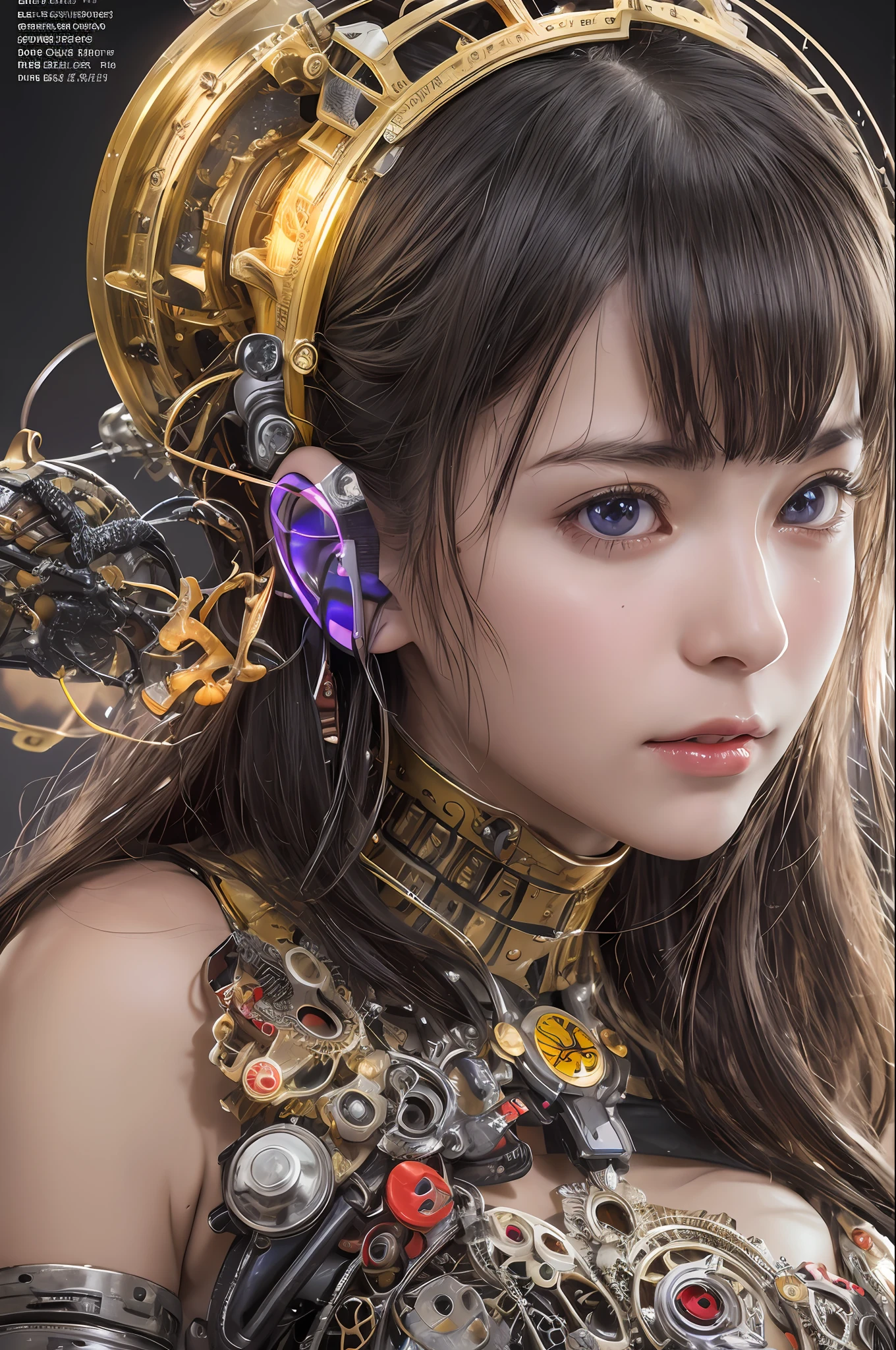 Top Quality, Masterpiece, Ultra High Resolution, (Photorealistic: 1.4), Raw Photo, 1 Girl, Black Hair, Glossy Skin, 1 Mechanical Girl, (Ultra Realistic Details)), Portrait, Global Illumination, Shadows, Octane Rendering, 8K, Ultra Sharp, Big, Cleavage Exposed Raw Skin, Metal, Detail of Intricate Ornaments, Steampunk details, Matsumoto meter, meter, vacuum tube, nixie suga, oil pressure gauge, glass tube, analog meter, gears, golden hydraulic cylinder, very intricate detail, realistic light, CGSoation trend, purple eyes, glowing eyes, facing the camera, neon details, mechanical limbs, blood vessels connected to tubes, mechanical vertebrae attached to the back, mechanical cervical attachment to the neck, sitting, wires and cables connecting to the head, Evangelion, small LED lamps,