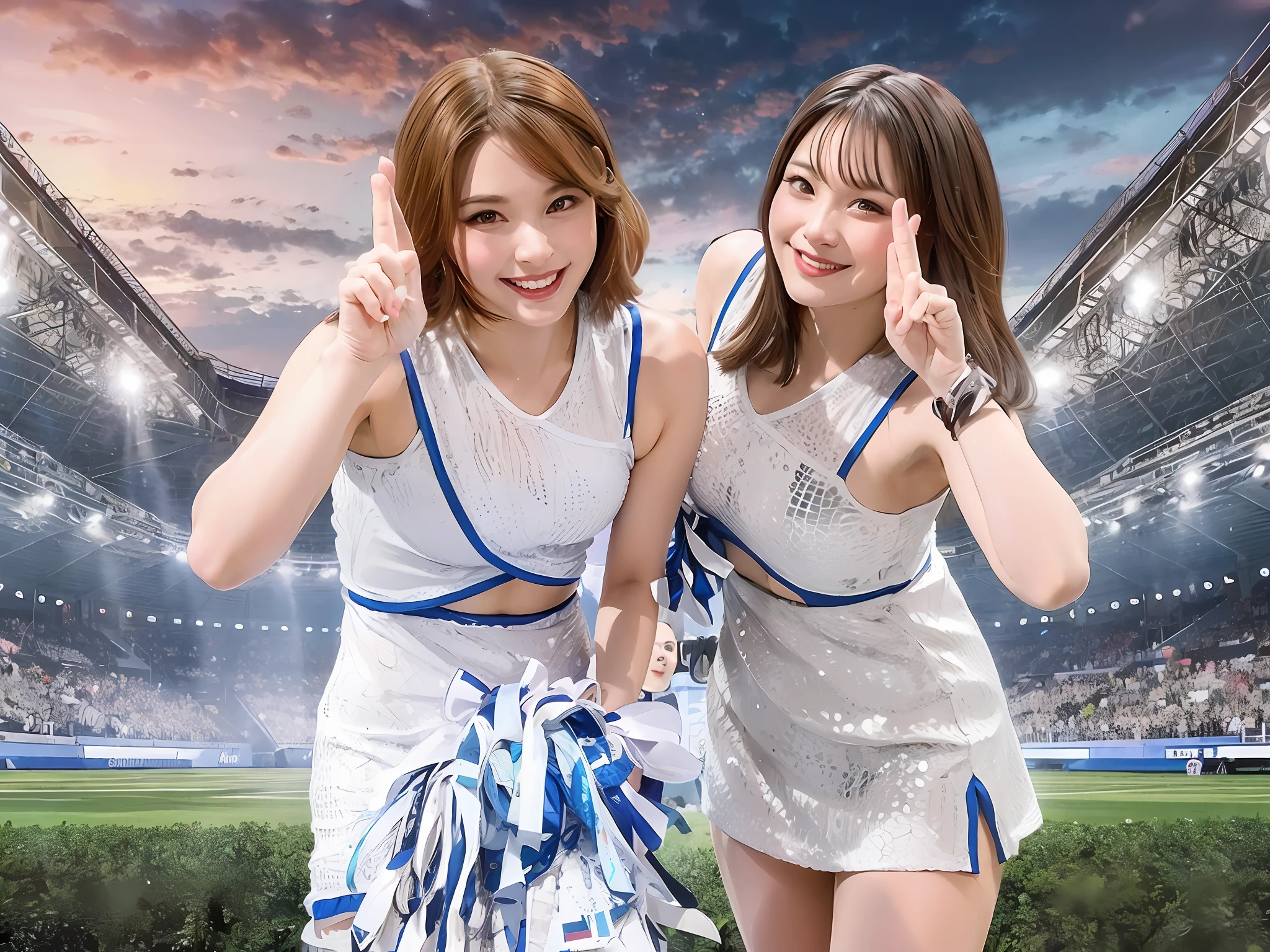Cheergirl is two Asian women, hair color is brown, cheering in the basketball stadium, good friends, hairstyle is as shown in the photo, two people are standing side by side, costume is as shown in the photo, shiny silver, 2263539546], ;, Hololive ,, 🚿🗝📝 🔞🤡 🎨 🪔 ❤🔥🍄🌪 8k)) 🌞🌄