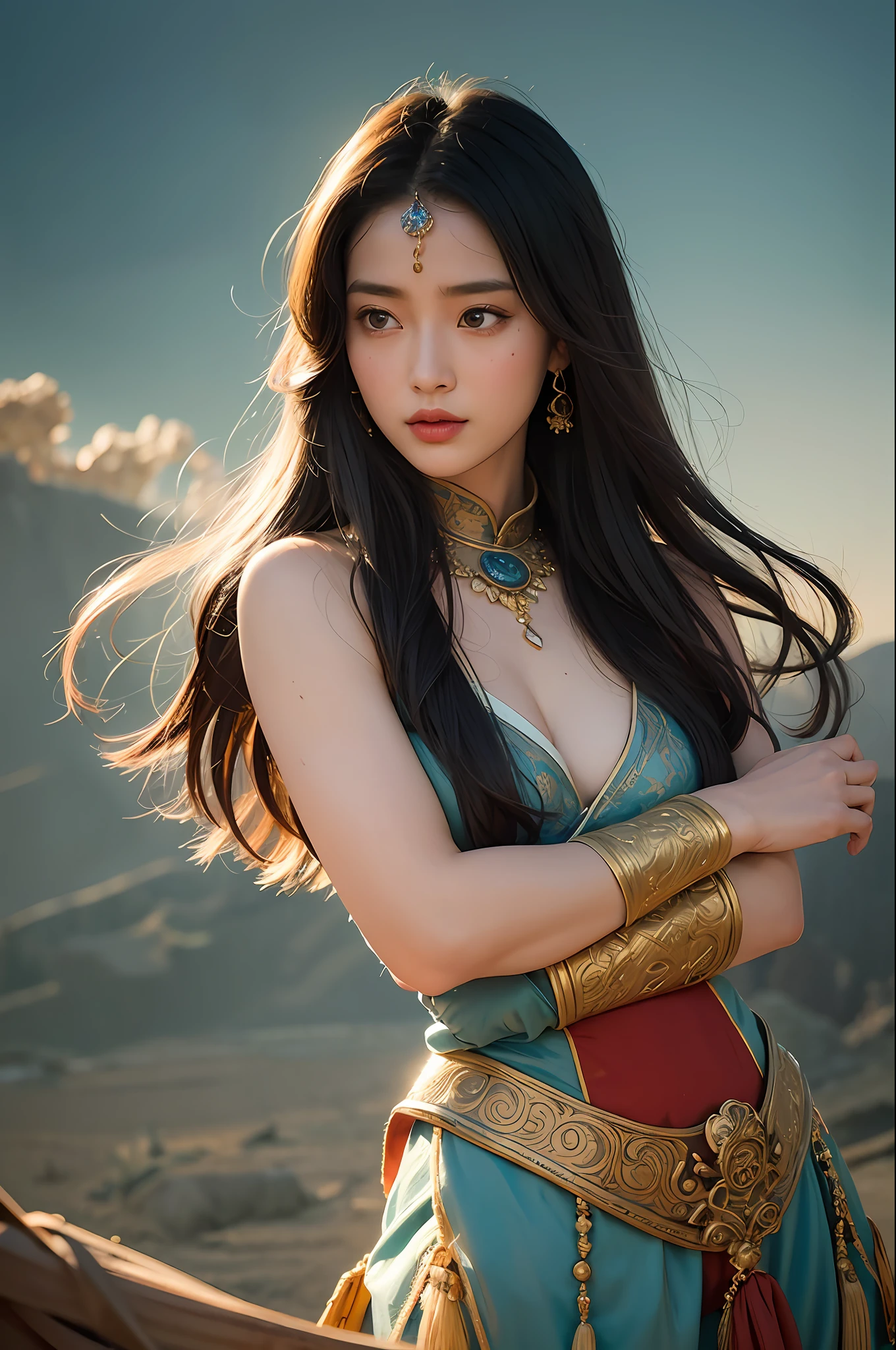 1girl, Dunhuang Flying Apsaras costume, messy long hair, Ji Jian, Dunhuang style, a lot of smoke, superb, elegant colors, (realistic, high detail, masterpiece, super detailed, dynamic angle, mural background, ink wash, amazing, movie lighting, illustration, chiaroscuro, backlighting, god rays, holland, best quality, best quality