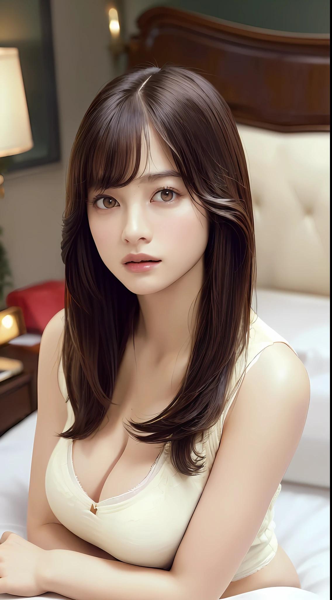 ((Best quality, 8k, Masterpiece :1.3)), dramatic lighting, pretty woman, 1girl, huge breasts :1.3, (firm abs, slender figure :1.1), lustful, dark brown hair, (panties :1.1), ultra-detailed face, detailed lips, detailed eyes, double eyelid, hot couple, boyfriend, man friend, couple pose, bed, boudoir