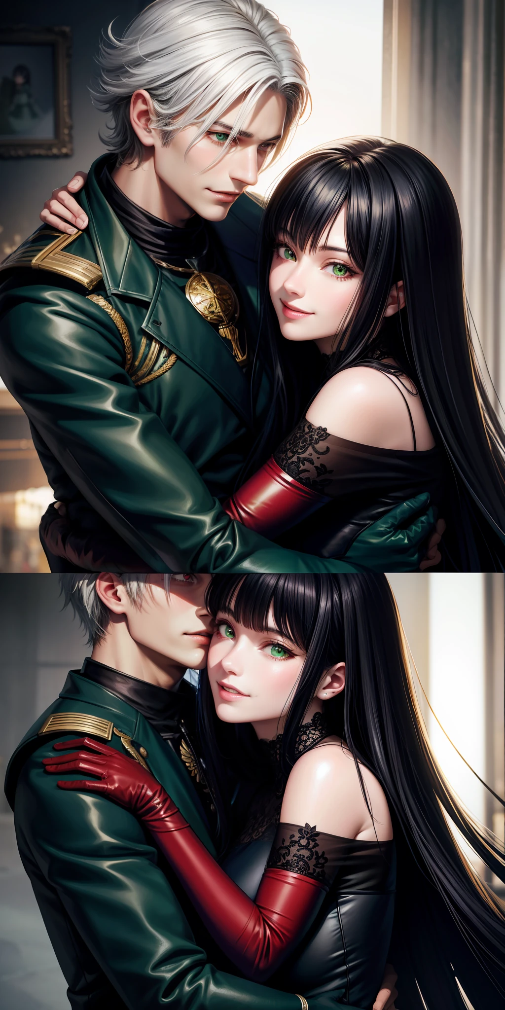 realistic, anime couple hugging each other with gloves, highly detailed exquisite fanart, black hair and white hair, green eyes and red eyes, smile, lovely couple, arm around neck