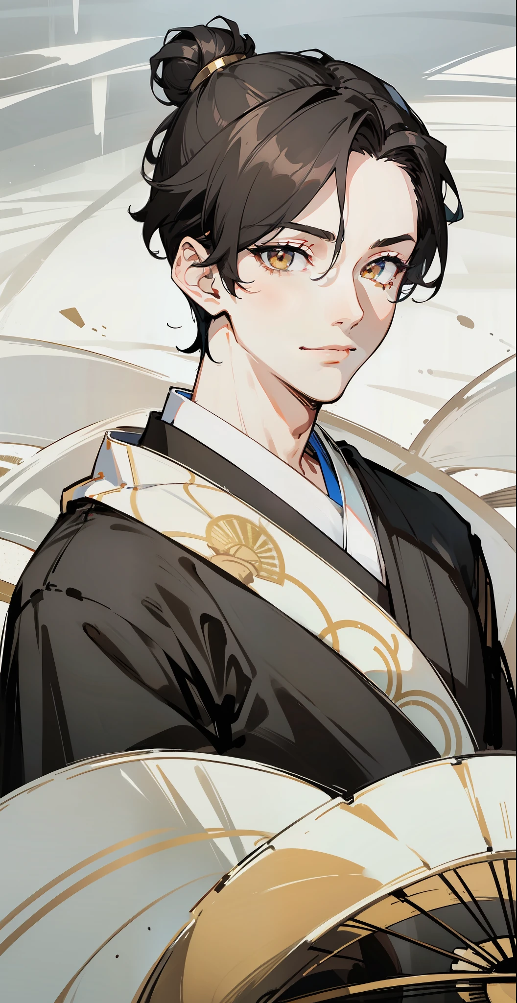 (((1boy))), ((toned)), male focus, masterpiece, high quality, (masterpiece:1.2), (best quality:1.2), shiny, realistic, ornate, intricate skin, ((black hair)), (short hair), golden eyes, hair_stick, hot_boy, japanese_clothes, jewelry, solo, pointy_ears, hair_bun, hair_ornament, hair_pin, holding_fan, paper_fan, elegant, looking_at_viewer, holding_fan, red_eyeliner, FH, sad eyes, looking at the horizon, constricted pupils, dynamic pose, (shadows cast over face:1.3), sexy smile, (upper body), crazy