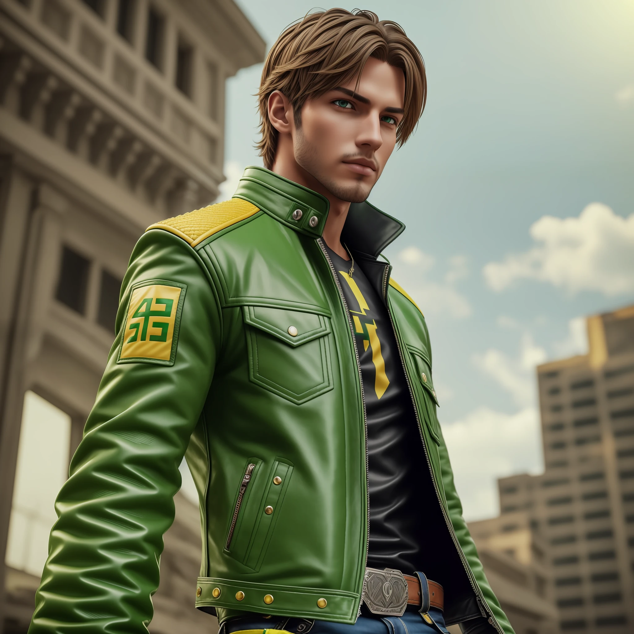 1boy, cowboy shot of re4leon Of green and yellow of Brazil 🇧🇷 , leather jacket In the green and yellow colors of Brazil 🇧🇷 with fur trim, long sleeves, black jeans, volumetric lighting, athletic, best quality, masterpiece, intricate details, tonemapping, sharp focus, hyper detailed, trending on Artstation, looking at viewer, realistic --auto --s2