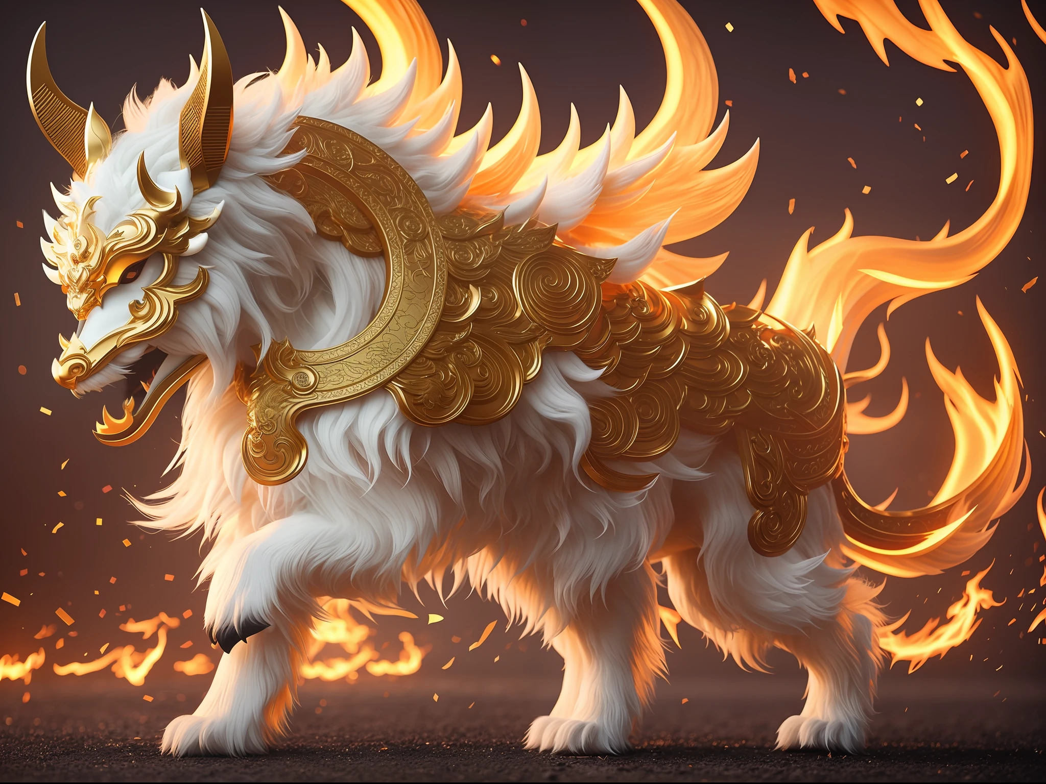 Qilin, Chinese mythical beast, cute, clean, pretty, mighty, pure white, ultra-fine fur, golden eyes, intricate details, flame background, power, 8K, virtual engine, octane rendering, HD, macro lens